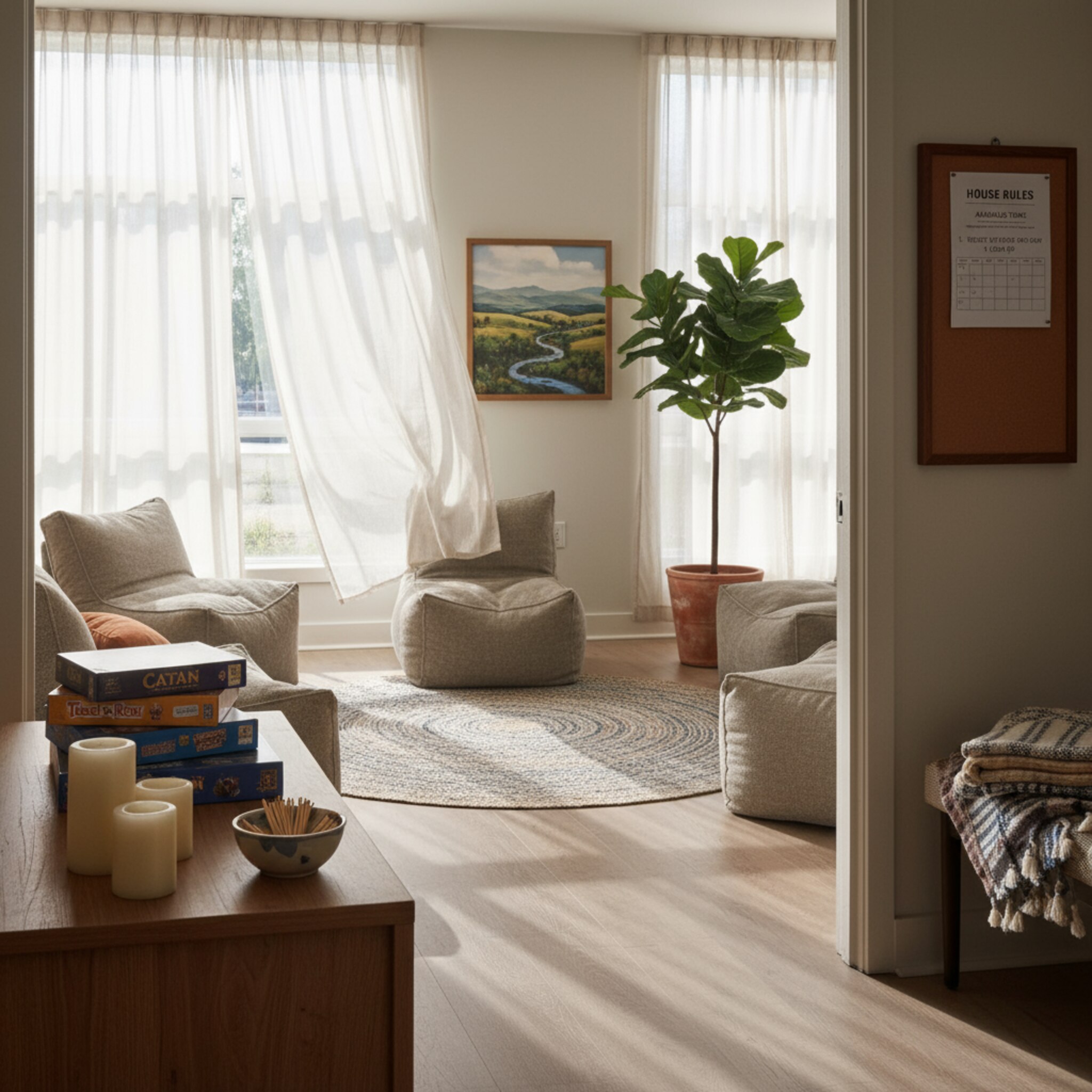 Im Erdgeschoss eines Wohnhauses steht ein freundlich dekorierter Partyraum bereit. Luftige Gardinen bewegen sich leicht, auf einem Seitentisch liegen Spiele und Kerzen. Stühle sind symmetrisch gestellt. Ein kleiner Aushang am Eingang nennt Hausordnung und Zeiten.