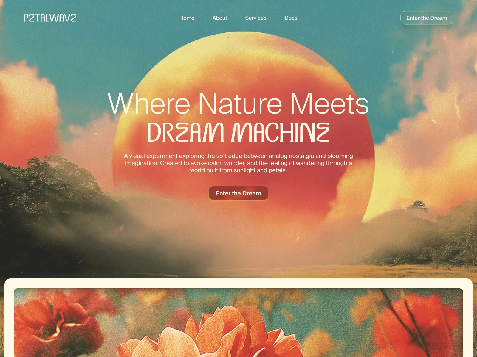 A vibrant sunset scene with colorful clouds and floral elements, creating a serene and inviting atmosphere.