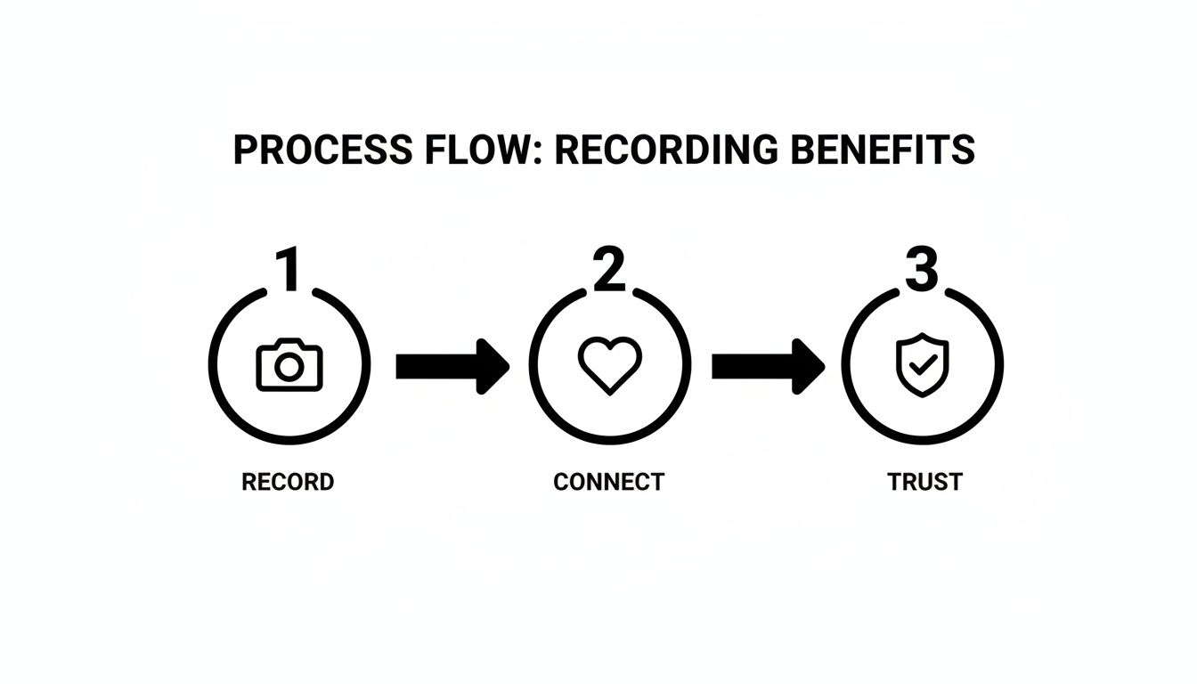 A process flow diagram illustrating three steps for recording benefits: record, connect, and trust.