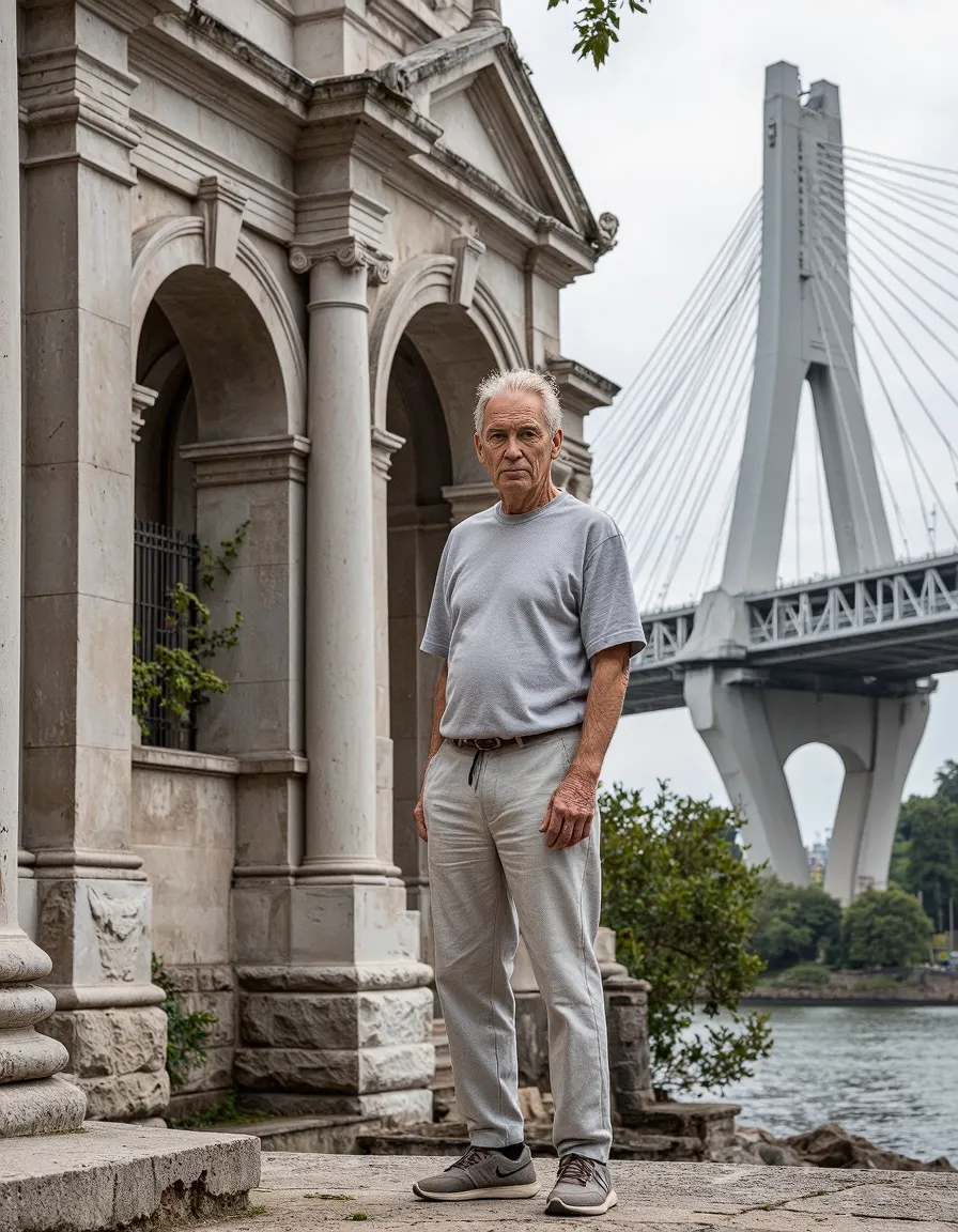 A person in gray casual wear standing beside classic stone columns with a modern cable-stayed bridge visible over water in the background.