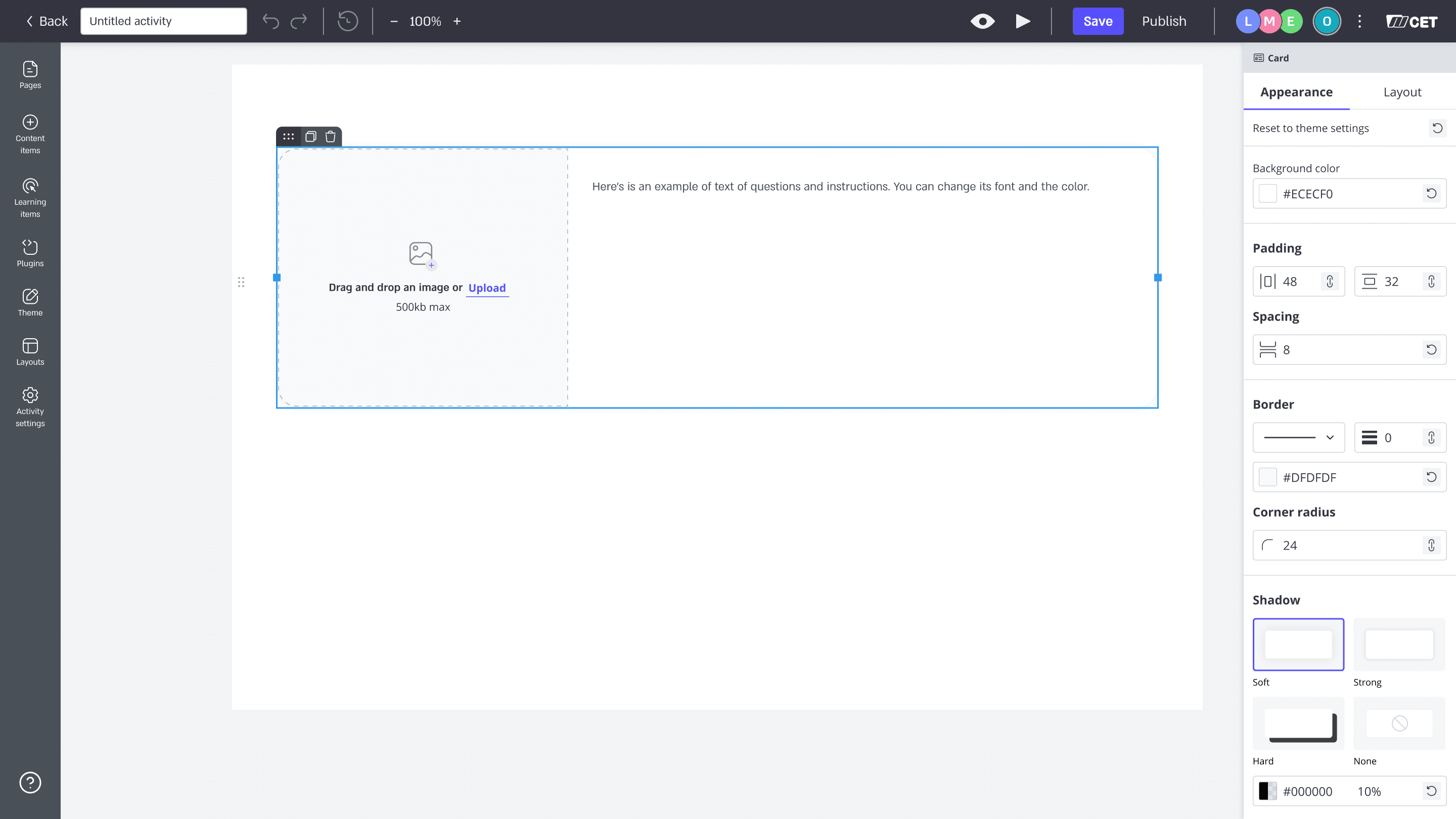 CET learning studio interface displaying a card-based activity being edited, with the appearance panel open for configuring layout and visual properties.