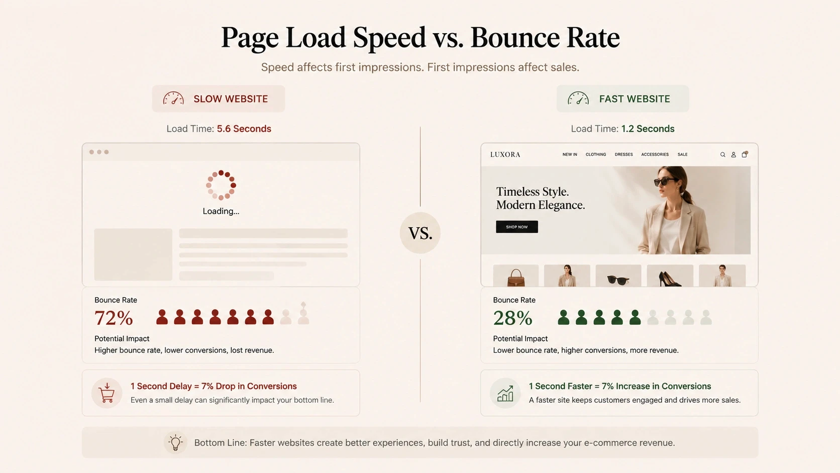 A comparative infographic showing how page load speed directly affects e-commerce bounce rates