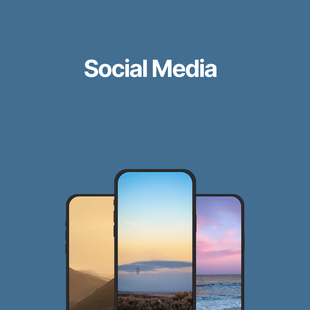 Blue background with graphics saying Social Media, below centered are three phones with areal shots taken at dawn and twiglight 