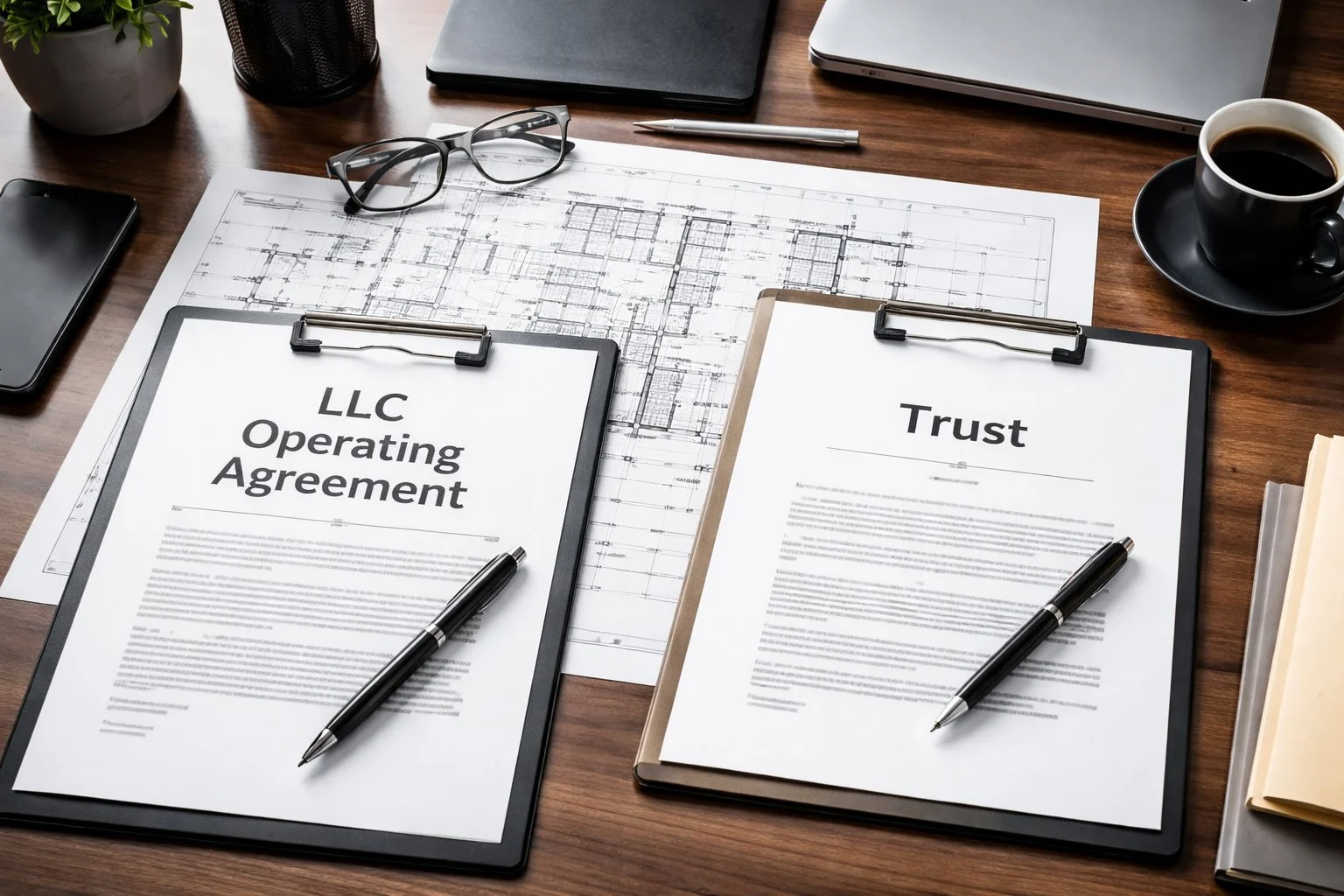 Office desk with LLC operating agreement and trust documents placed over a commercial property blueprint in a professional corporate setting.