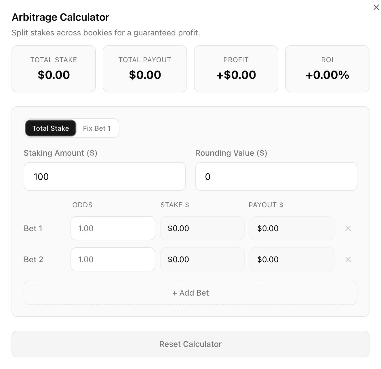 rbitrage Calculator that allows the user to split stakes across different bookmakers