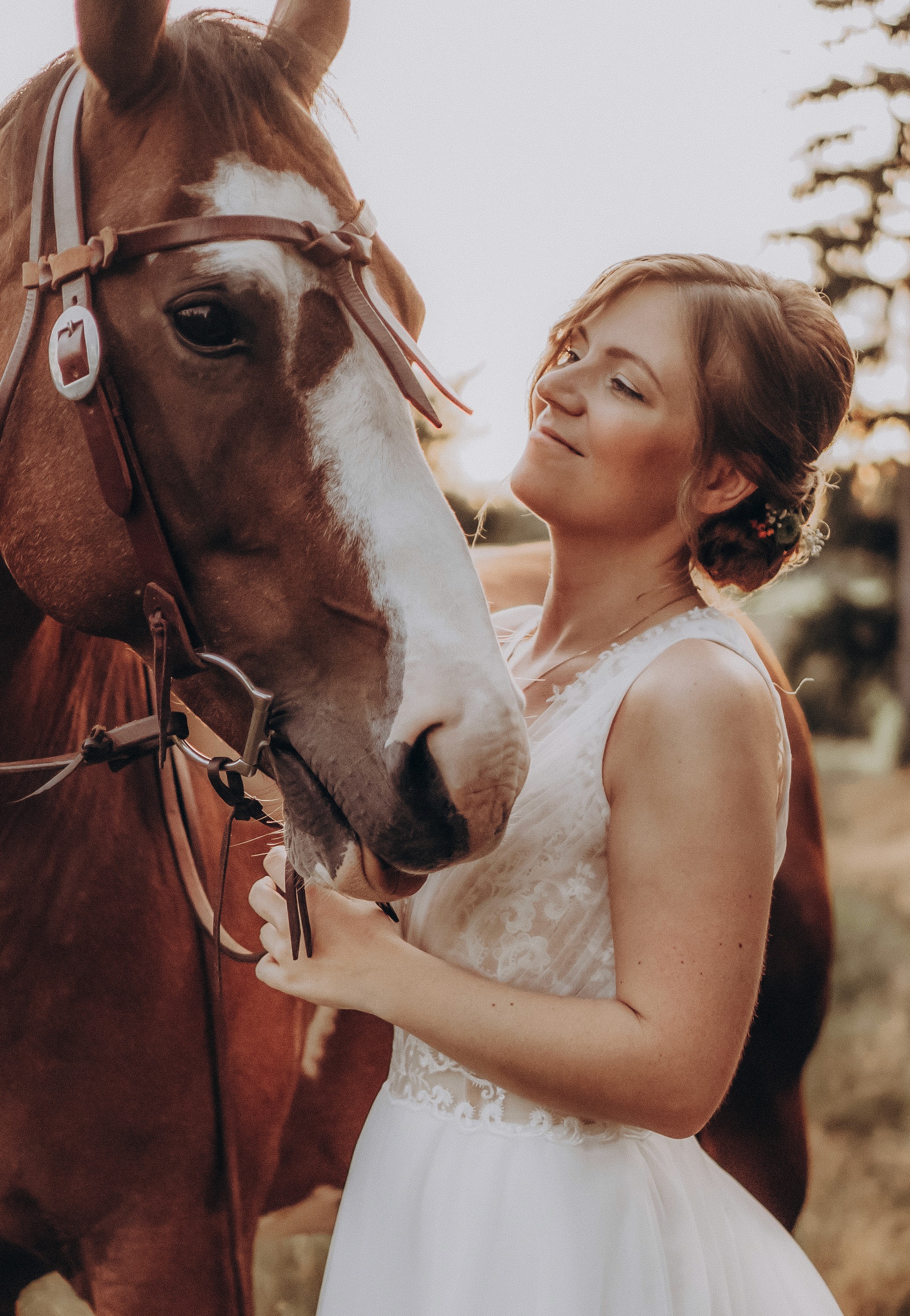 Braut schmiegt sich an ein Pferd bei Sonnenuntergang in Bogen, Niederbayern