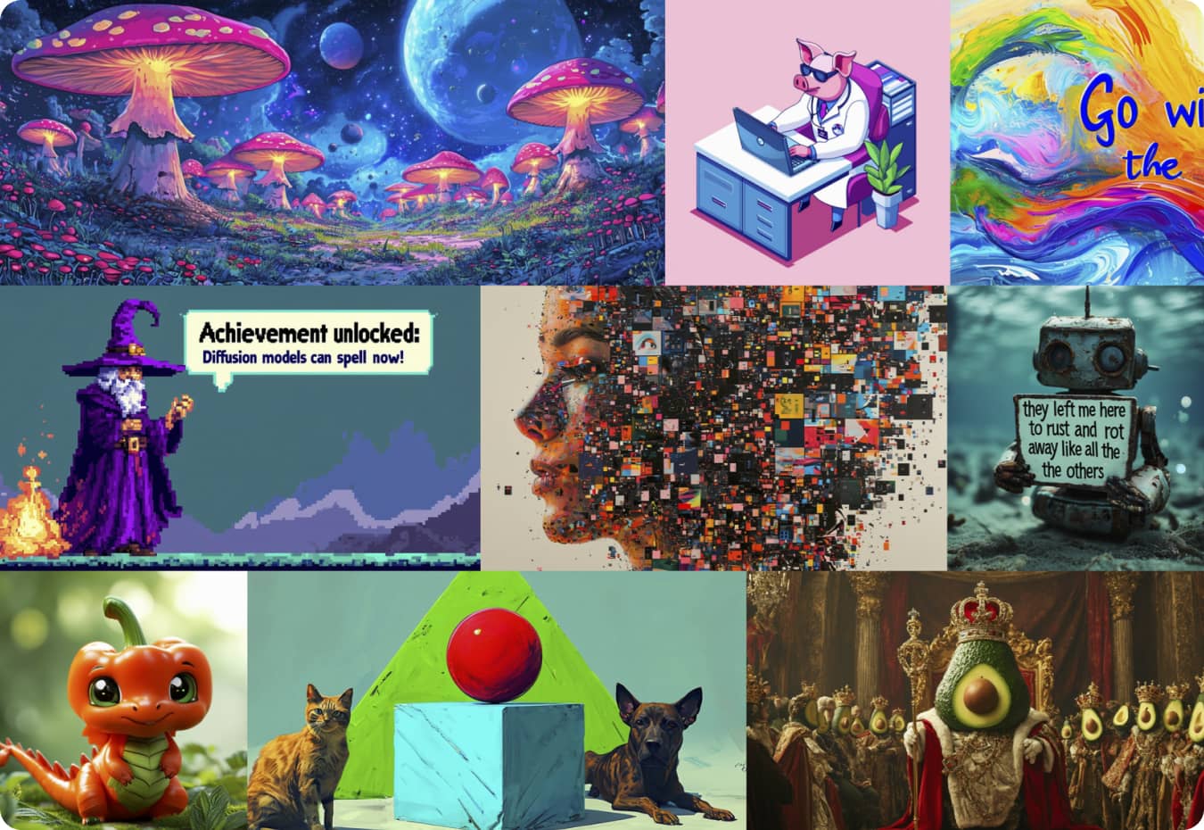 AI Images generated with Stable Diffusion 3, showing the its capabilities through different text2image prompt examples.