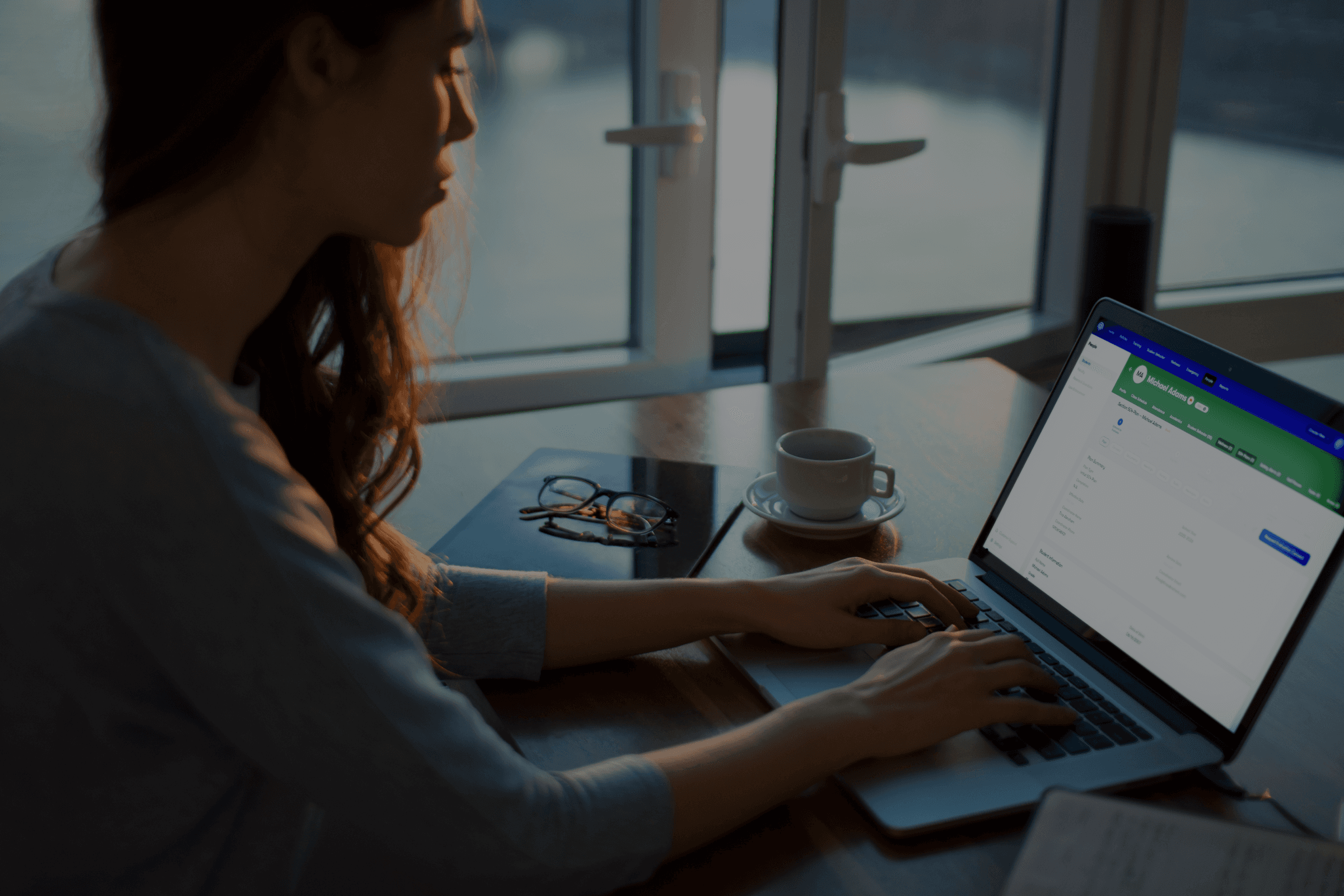 Image of a mockup of Impact Suite software dashboard. It shows the user the number of concerns and cases, it shows a concerns timeline, it lists the top students who need personal care, and it gives details into who has/has not compnleted safety trainings and policy acknowledgements.