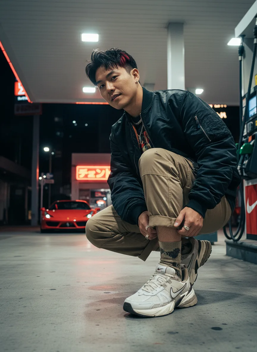 scene4-ai product photography-sneakers campaign creation-featuring asian male model casual styling