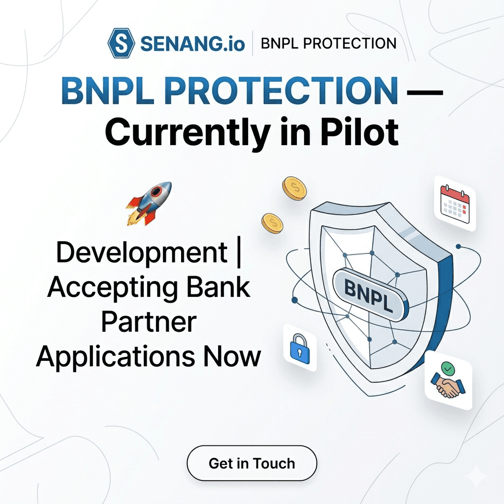 A flow diagram showing money (refund) being redirected from a buyer arrow to a bank arrow — with a shield or gate symbol in the middle labelled 'Senang.io BNPL Protection'. This immediately communicates the mechanic without words.