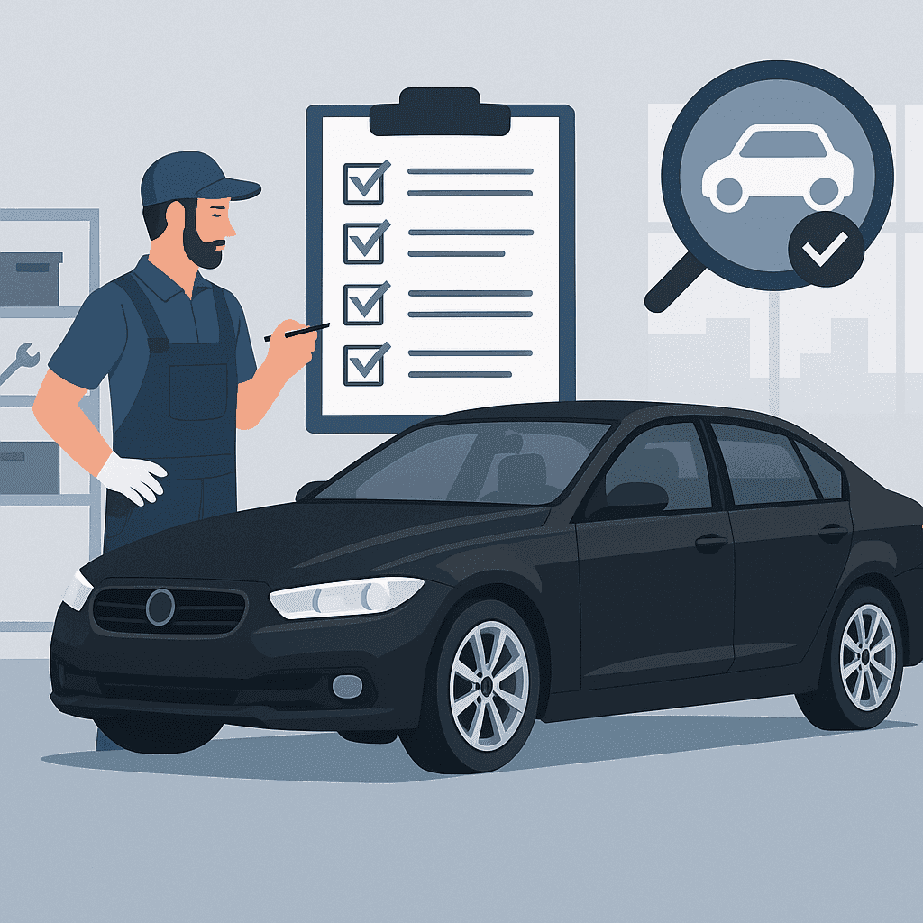Ispezione dell’auto presso l’officina meccanica. Meccanico che controlla la lista di controllo.