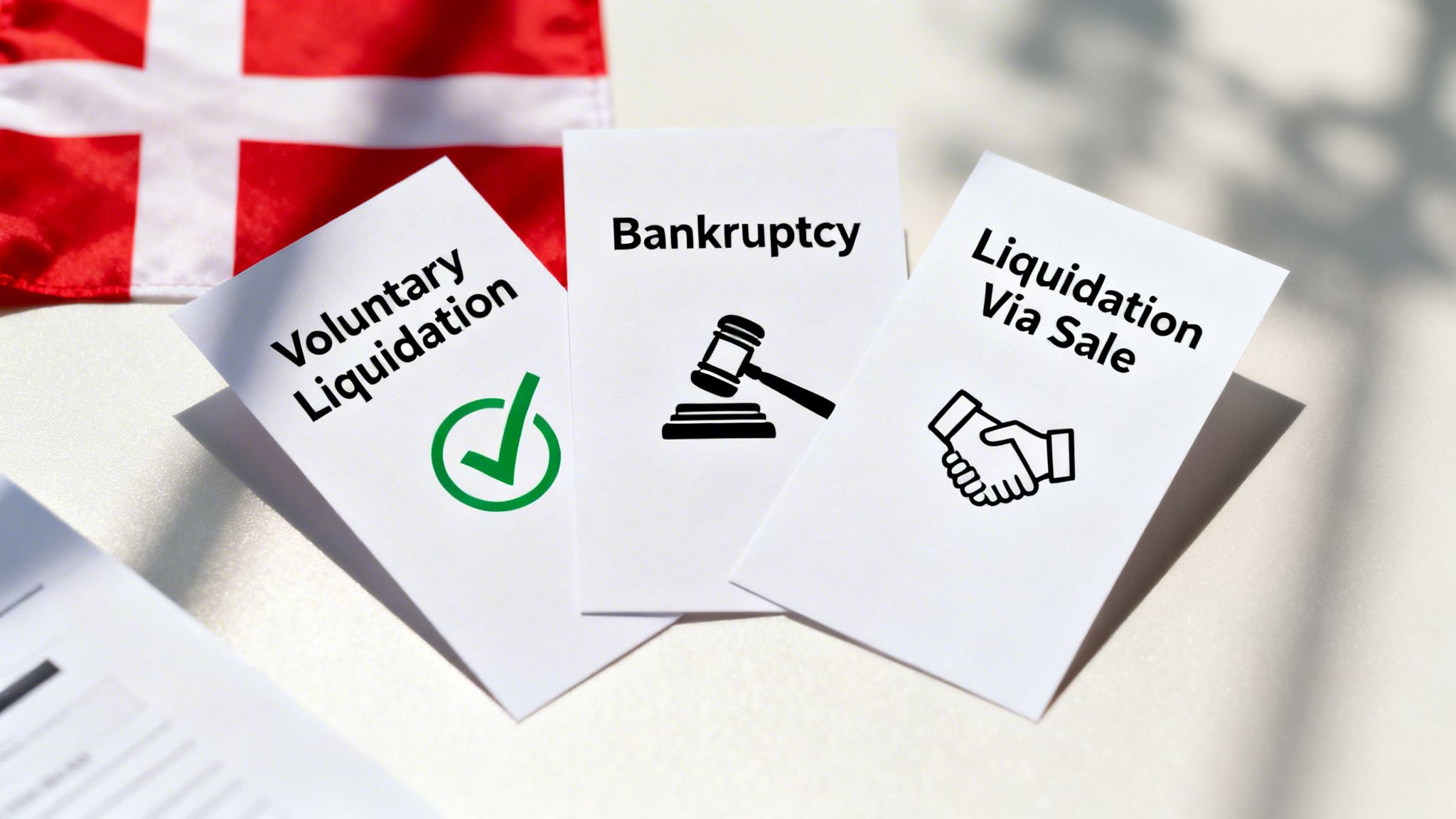 Three cards displaying 'Voluntary Liquidation', 'Bankruptcy', and 'Liquidation Via Sale' with a Danish flag.