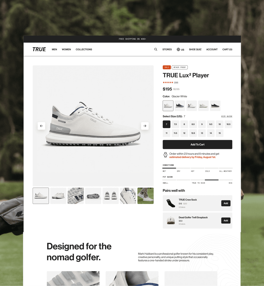 Shopify product detail page for True Linkswear golf shoe with size selection and product imagery