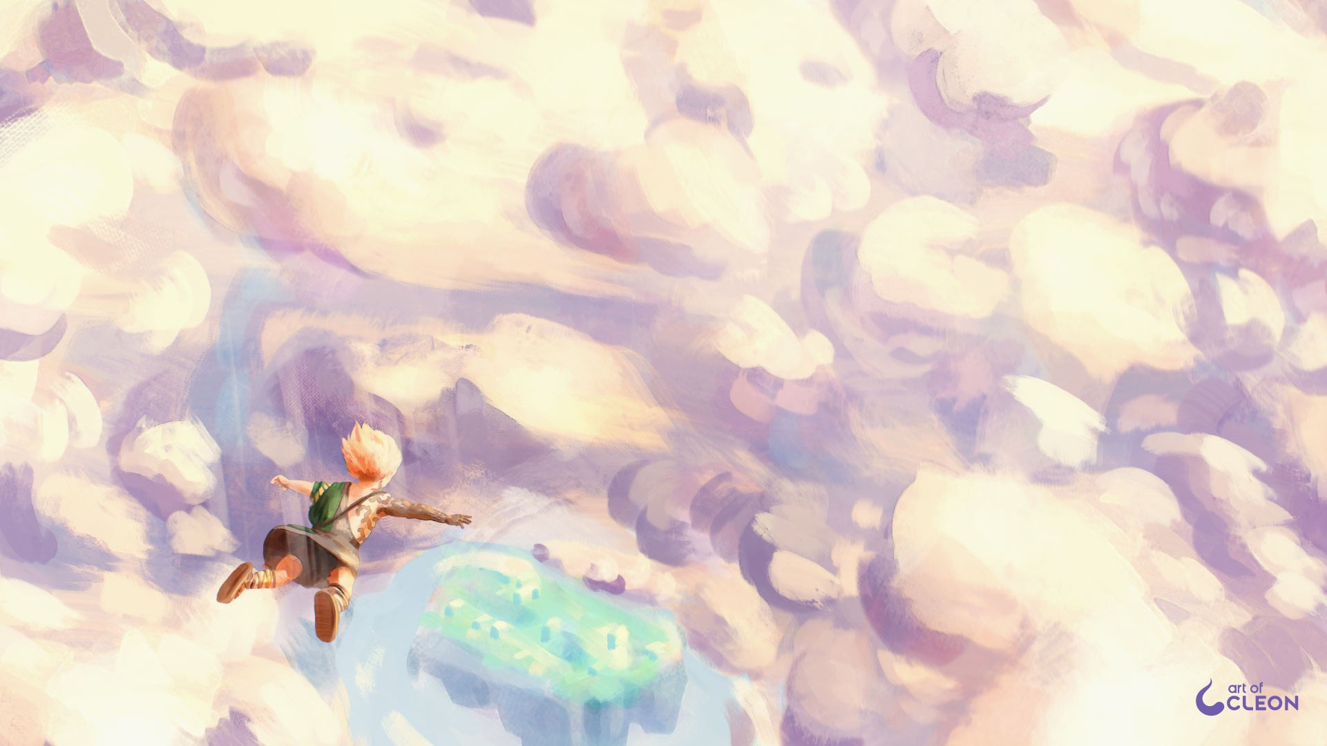 Close-up of Link's face, hair, and clothing as he falls through the clouds.