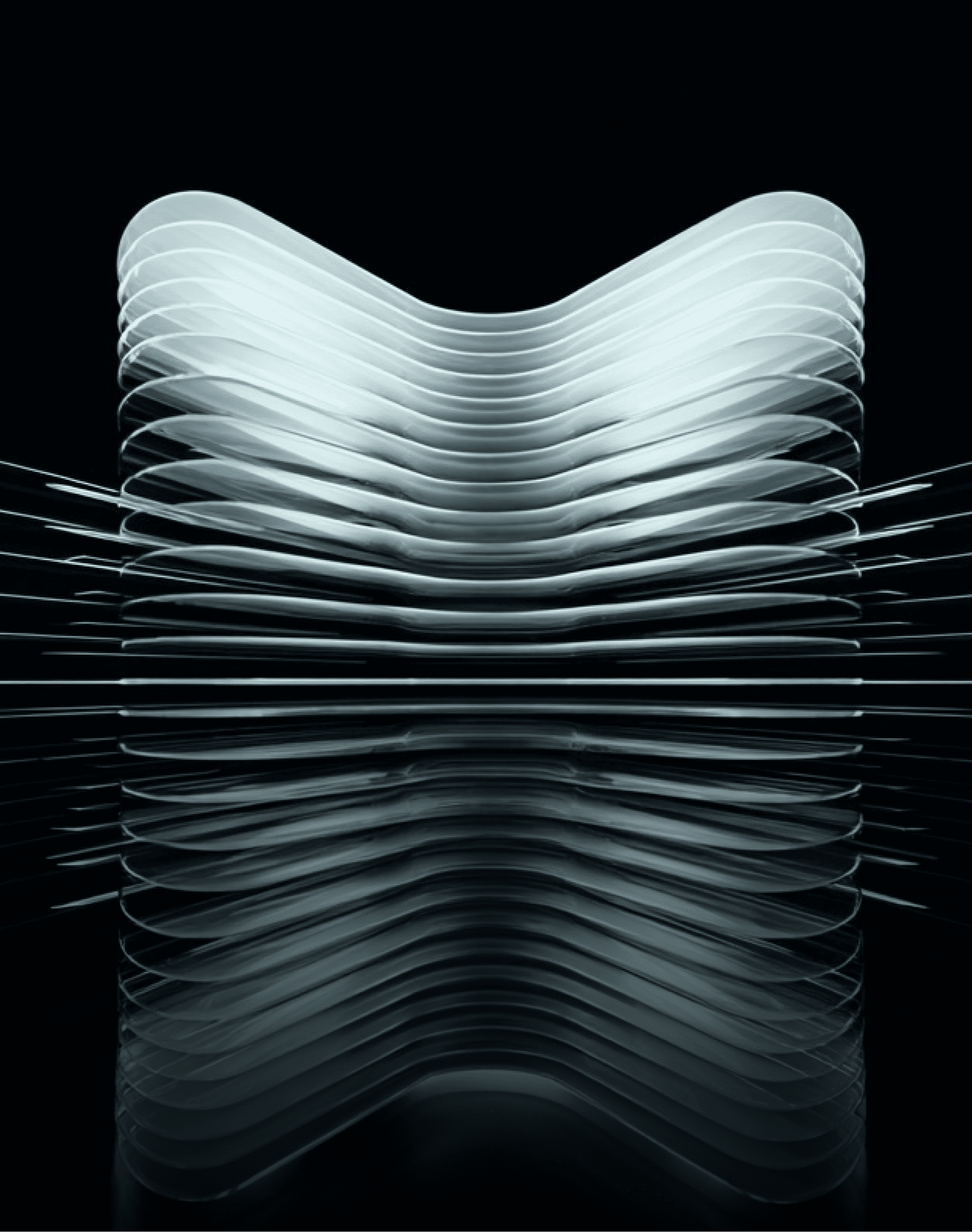 Layered, curved glass-like sheets stacked symmetrically, creating a futuristic ripple effect on a dark background.