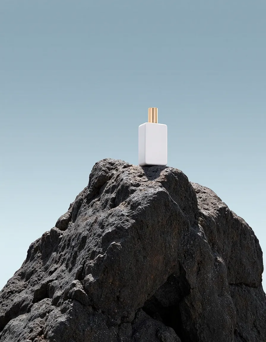 Minimalist white perfume bottle with gold cap positioned atop a textured black volcanic rock against a serene light blue background