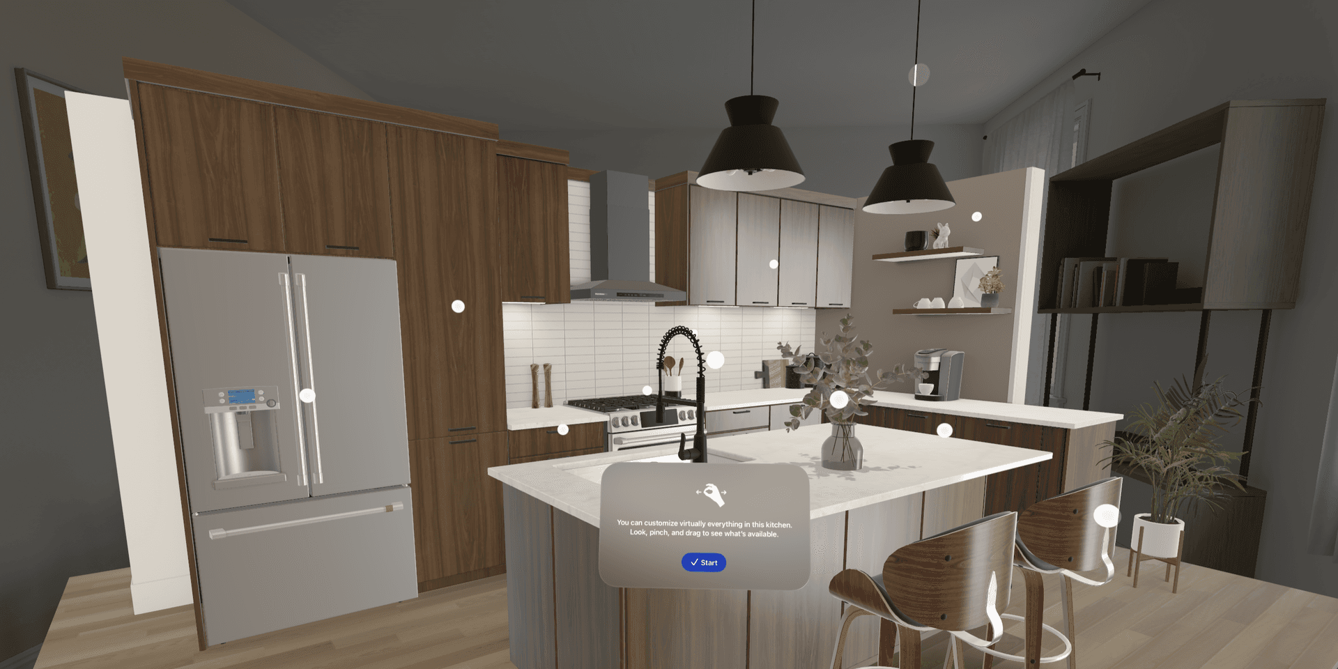 Lowe's Style Studio mixed reality experience on Apple Vision Pro allowing users to visualize a full kitchen redesign in 3D, utilizing spatial computing to overlay digital finishes and appliances into a physical environment.