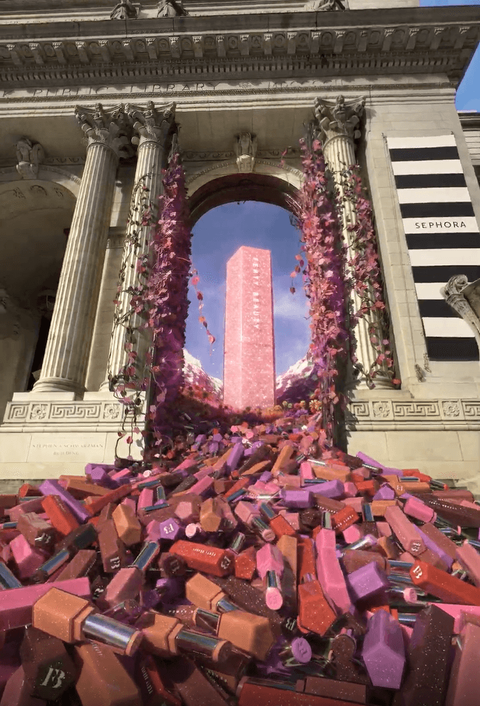 A final composited image adds lush purple floral vines climbing the library's columns to complete the surreal brand takeover
