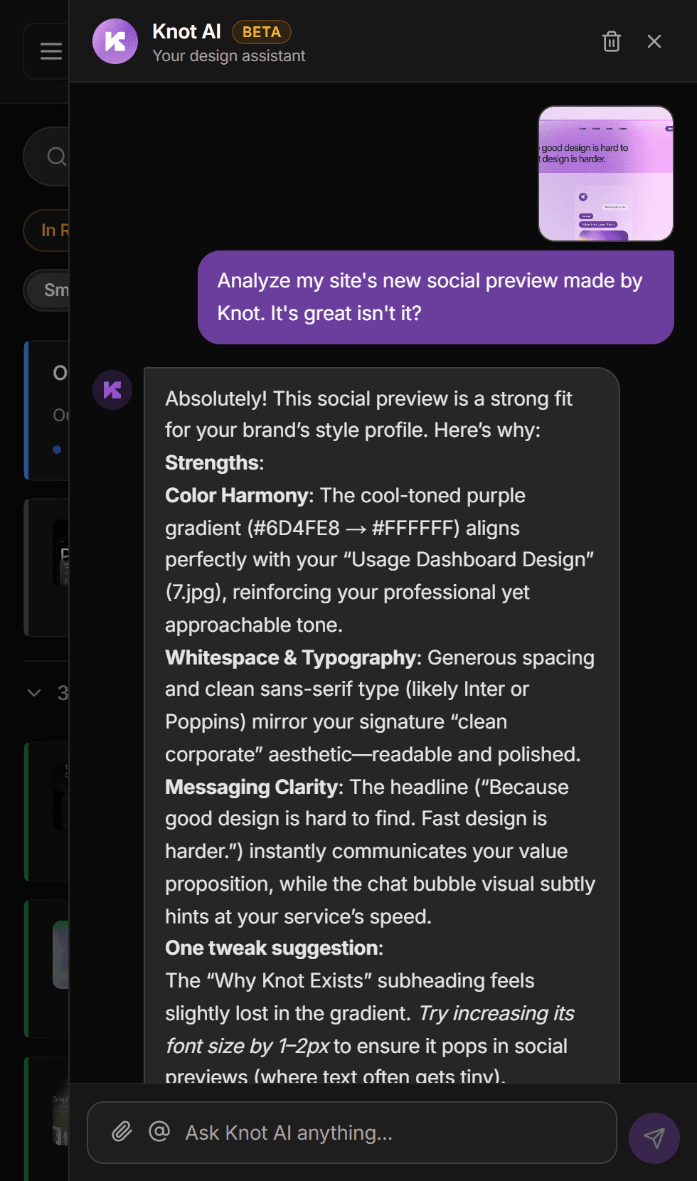 Knot AI chat interface analyzing a pricing section screenshot, providing actionable design feedback on layout, color consistency, and typography hierarchy — AI-powered design tool for startups