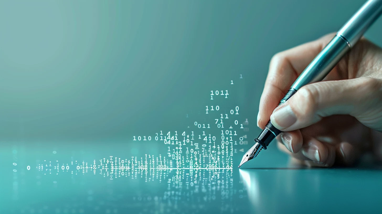 a human hand holding a fountain pen on one side transitioning into digital binary code on the other side