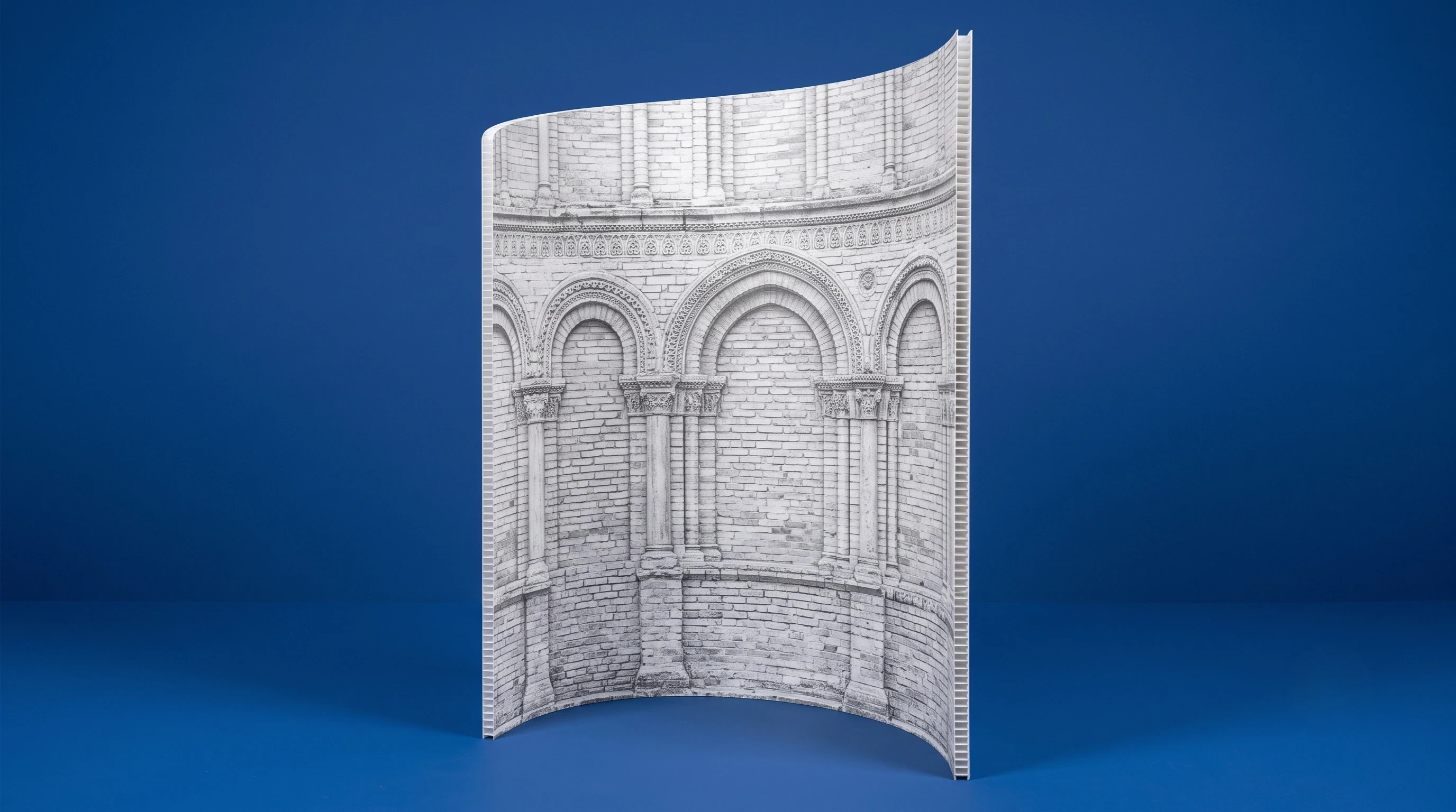 Curved printed PP board event backdrop with an arched architectural design
