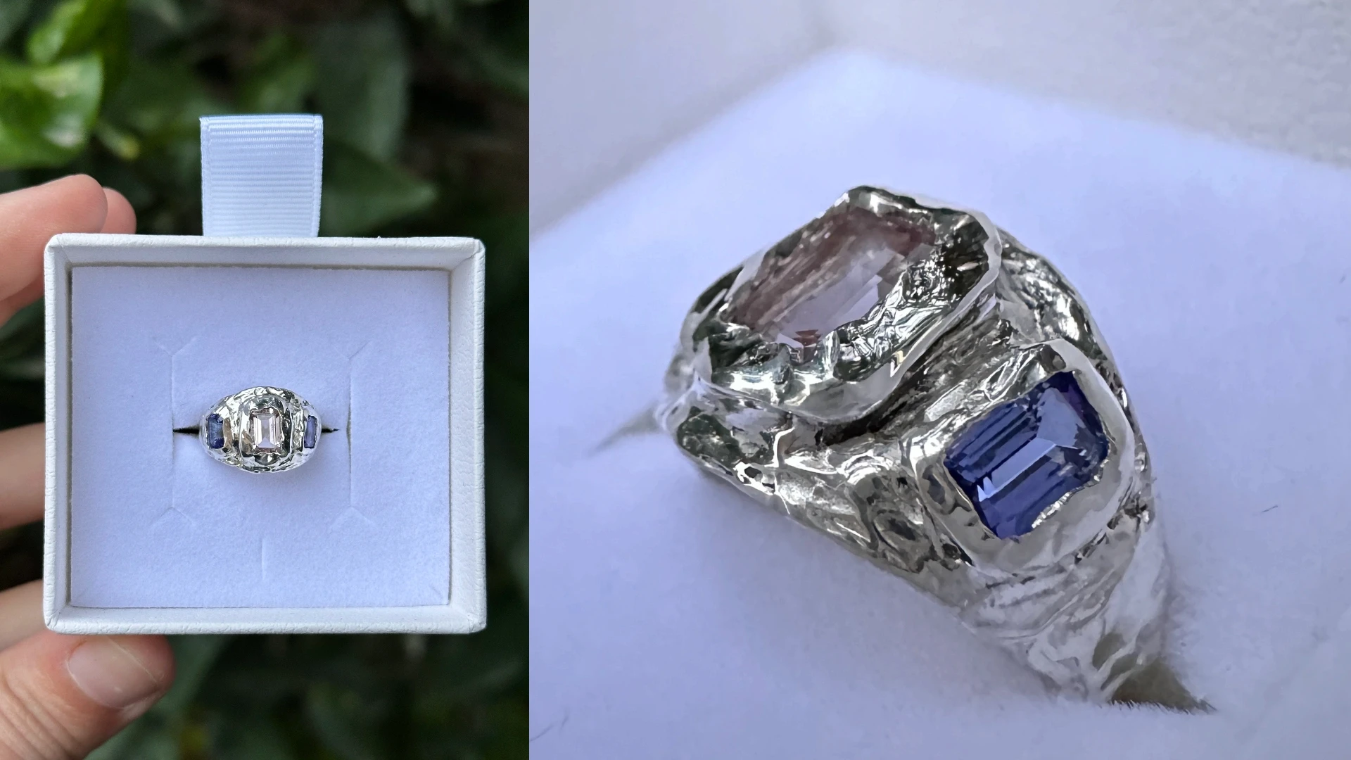 צילום מוצר יוקרתי של טבעת כסף משובצת באבני חן. הקומפוזיציה מציגה תקריב אמנותי על פרטי הטבעת והטקסטורה שלה לצד הטבעת בתוך קופסת מתנה מעוצבת, מאת Shiriz Photography הצלמת שירי עציץ.