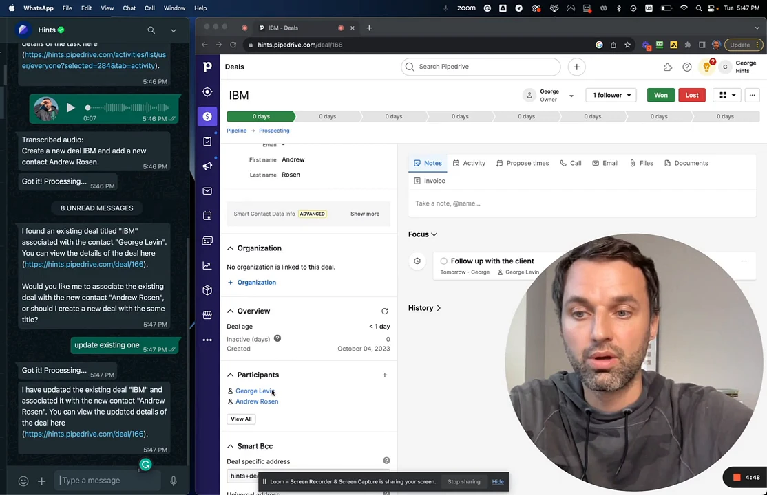 The Pipedrive interface for the IBM deal, showing two participants listed: George Levin and the newly added Andrew Rosen.
