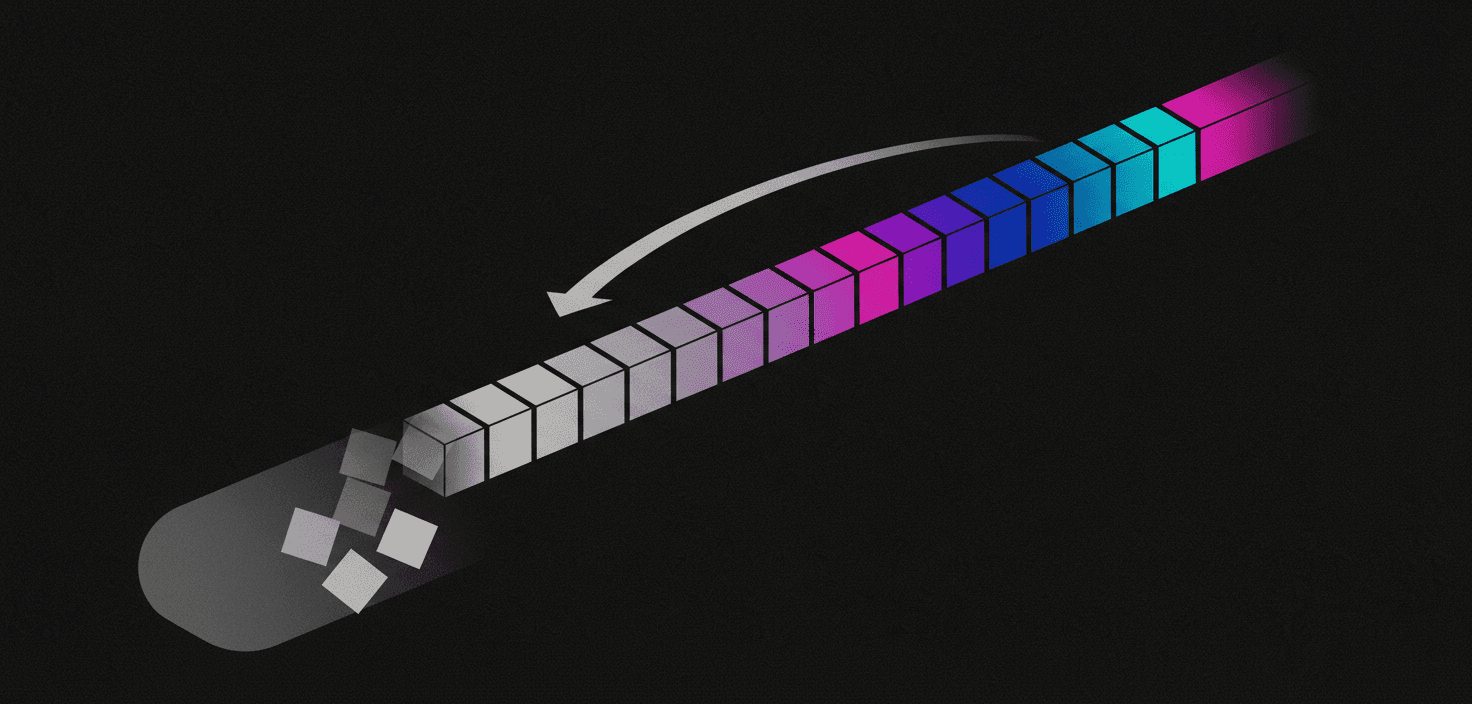 Diagram of a sliding context window where new tokens push old faded tokens out of view.