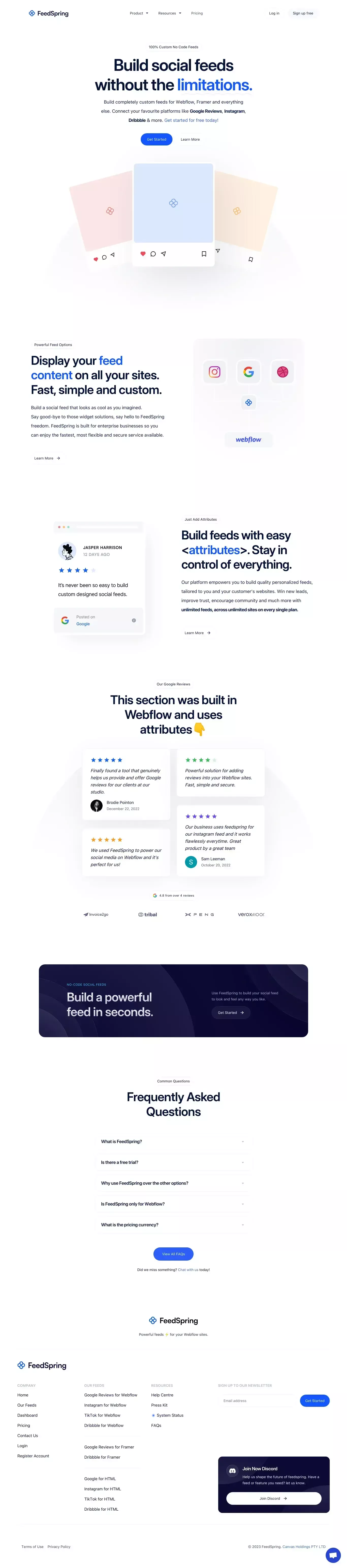 FeedSpring - 100% Custom Feeds for Webfl landing page screenshot showcasing Tech and Marketing design