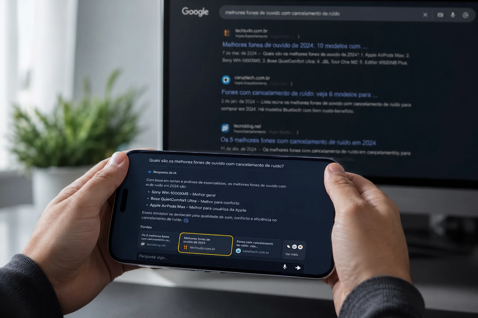 Resposta de IA citando fontes ao lado de resultado de busca do Google, exemplo de SEO e AEO