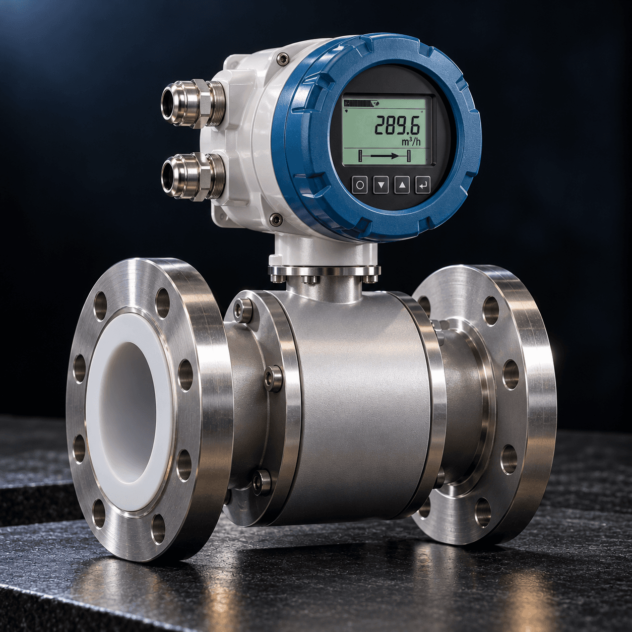 Flanged electromagnetic flow meter with a blue transmitter display