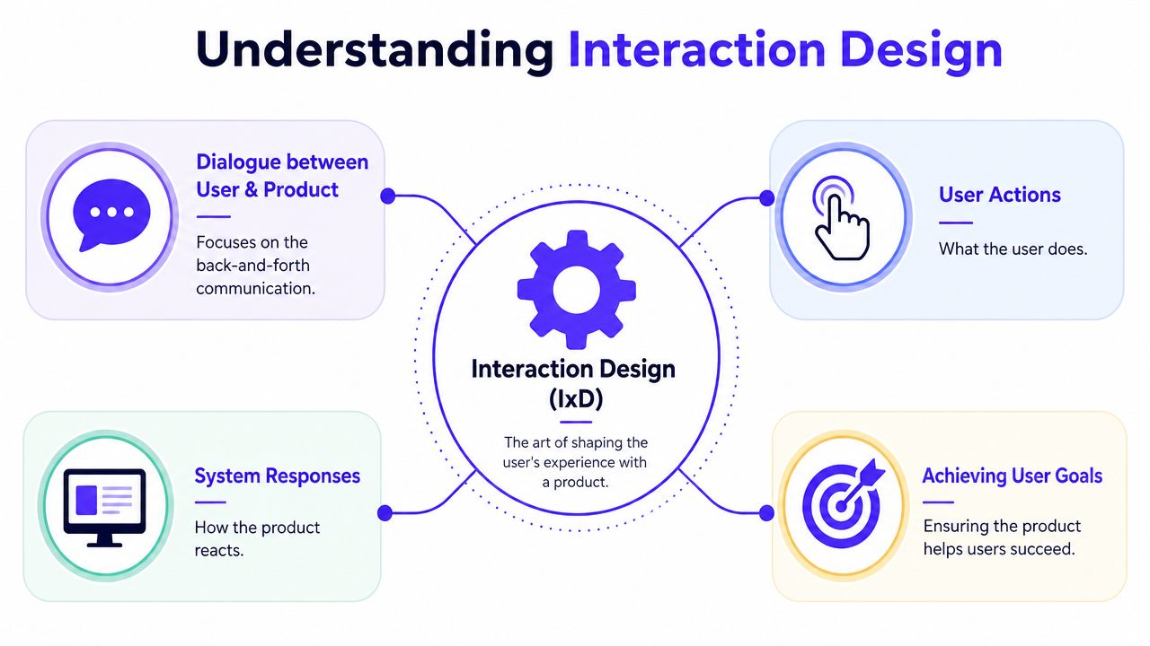A diagram explaining interaction design as a dialogue between user, product, actions, system responses, and user goals.