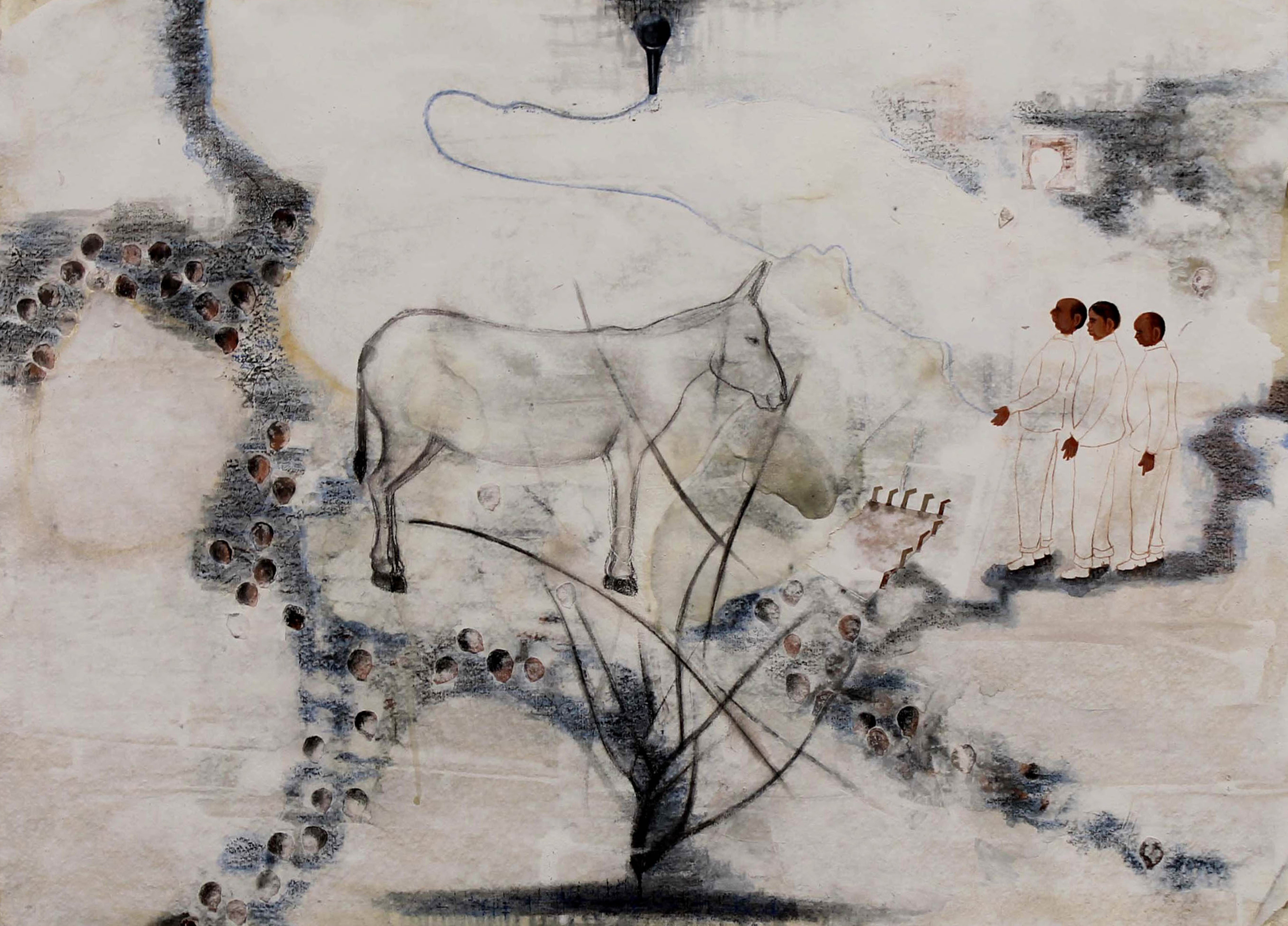 herd of sheep on road painting