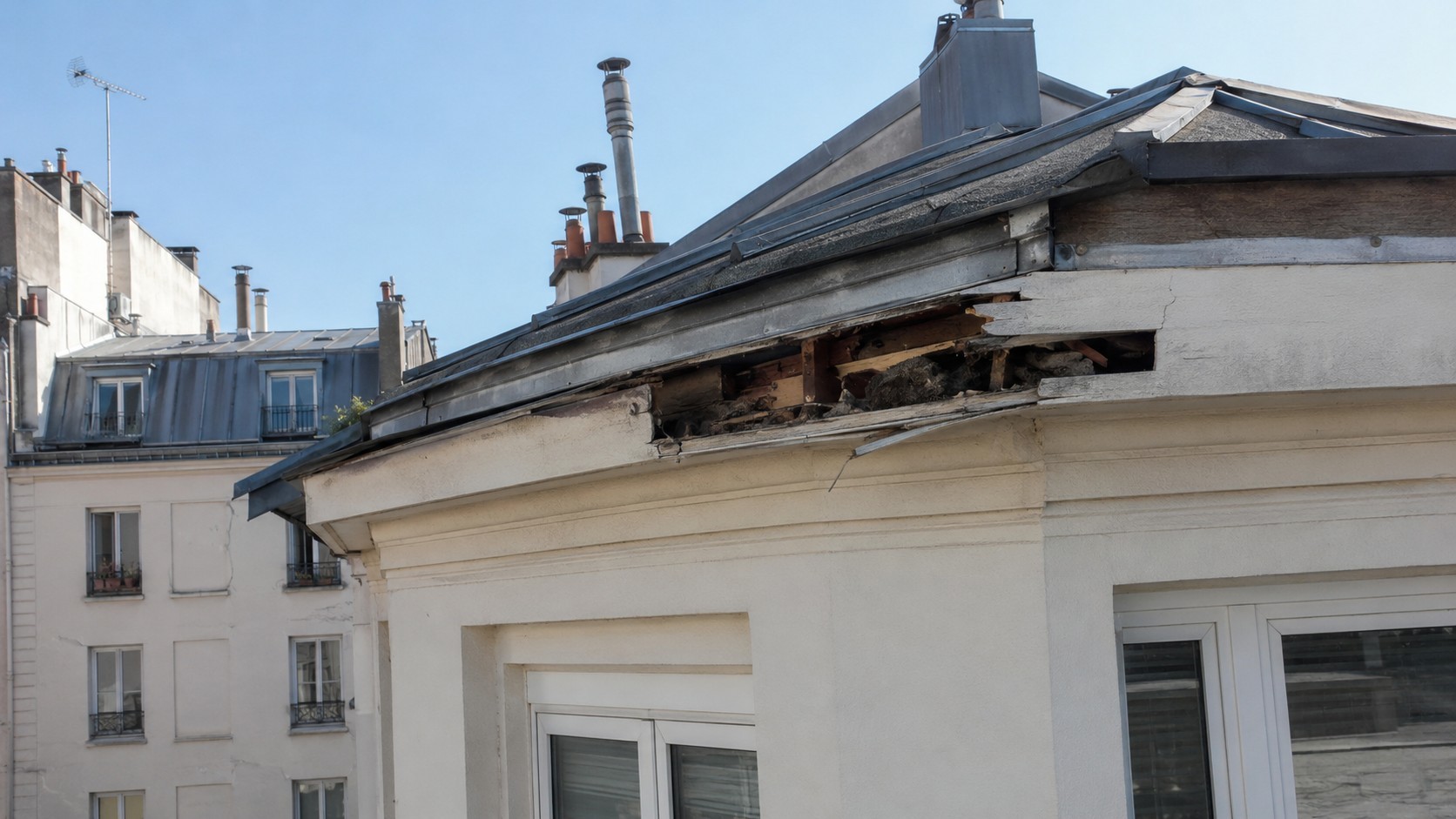 ALT SEO : rive_de_toiture_arrachée_sur_immeuble_parisien_en_copropriété_corniche_ouverte_avec_bois_de_charpente_et_isolant_visibles_bandeaux_métalliques_et_couverture_zinc_déformés_façade_claire_toits_mitoyens_cheminées_et_antennes_en_arrière-plan_ciel_bleu_ensoleillé_septembre_2026