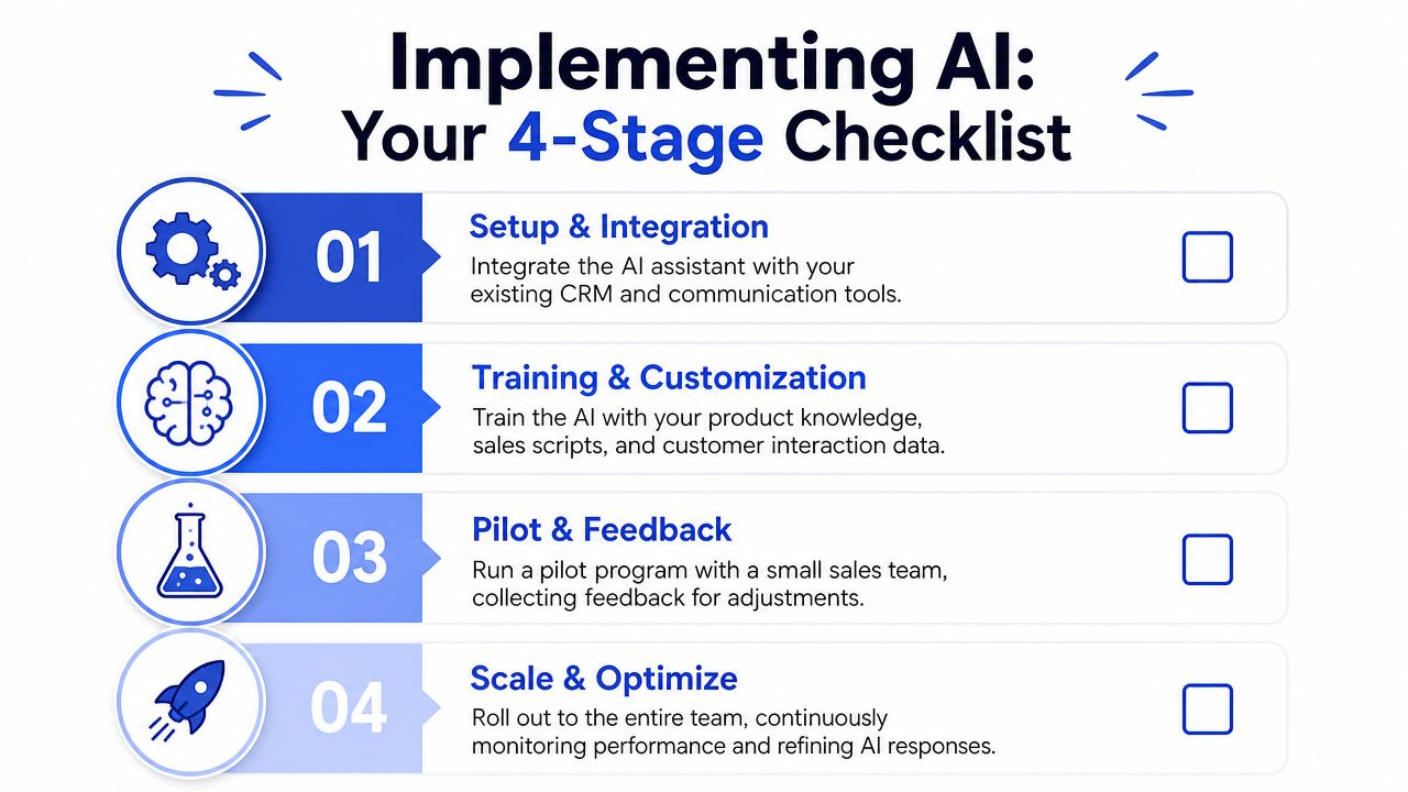 A four-stage checklist for implementing an AI powered sales assistant into business operations and workflows.