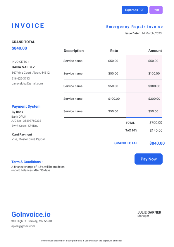 Emergency Repair Invoice