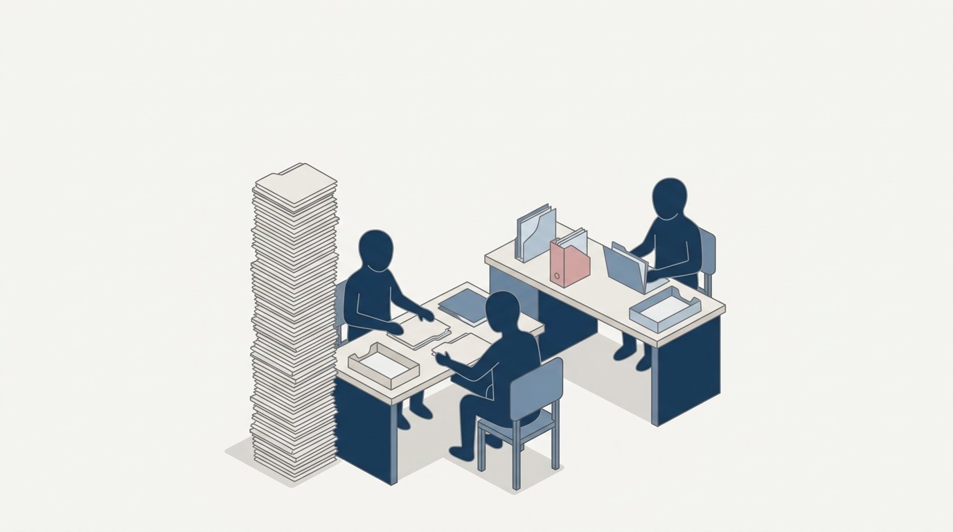 Isometrische Illustration zweier Silhouetten im Kreditbüro neben einem turmhohen Stapel unbearbeiteter Akten: Datengrundlage für Klimarisiken fehlt.