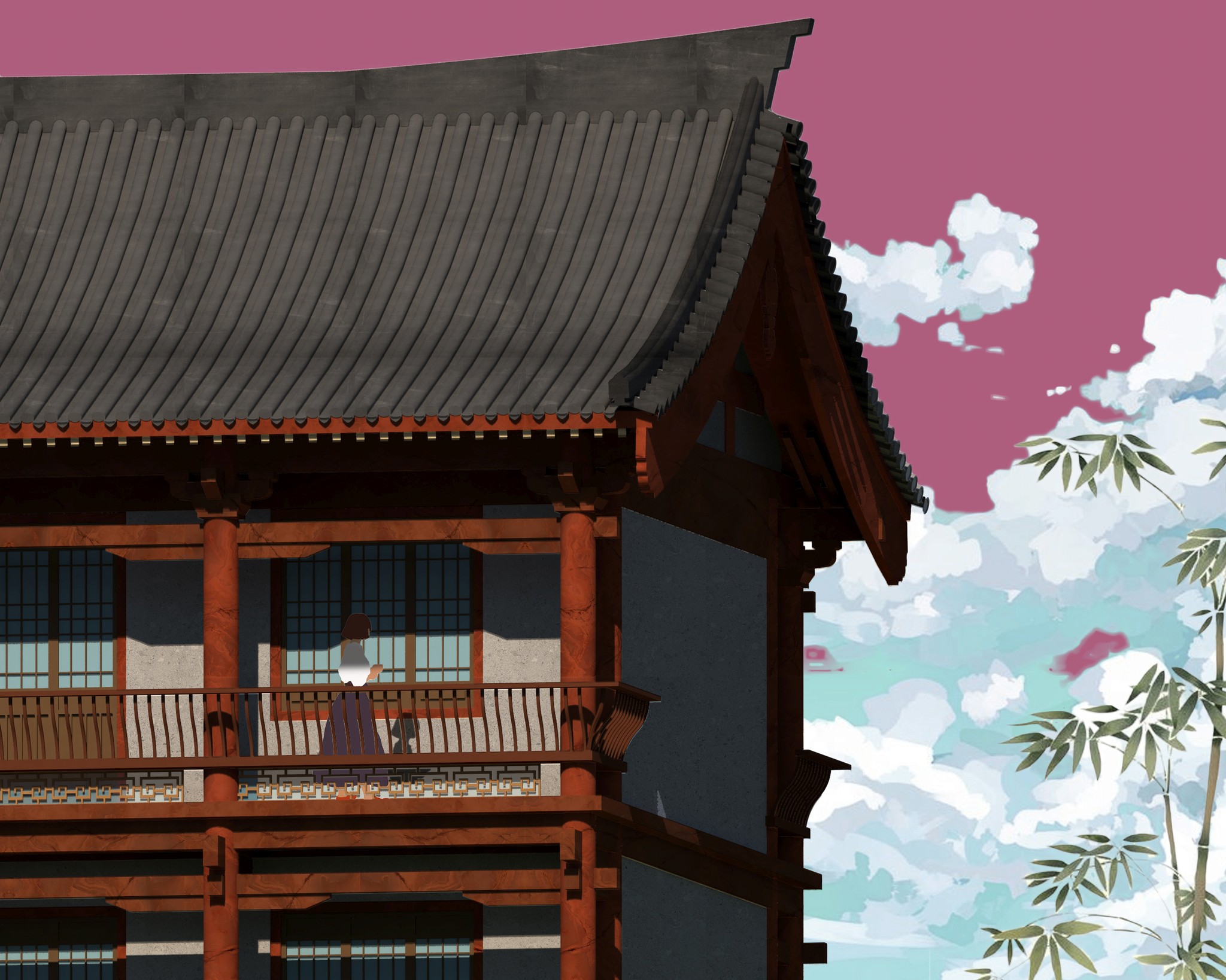 A beautiful japanese temple with a pink sky in the back