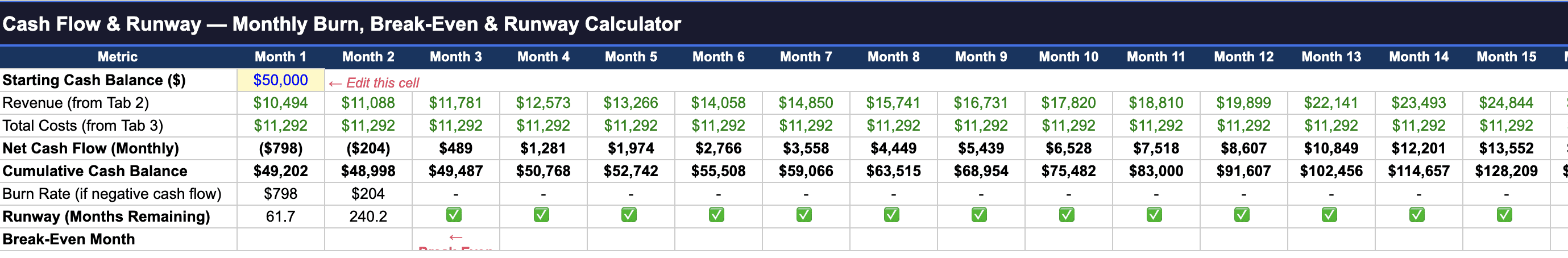 Financial Model Template Cash Flow Screenshot