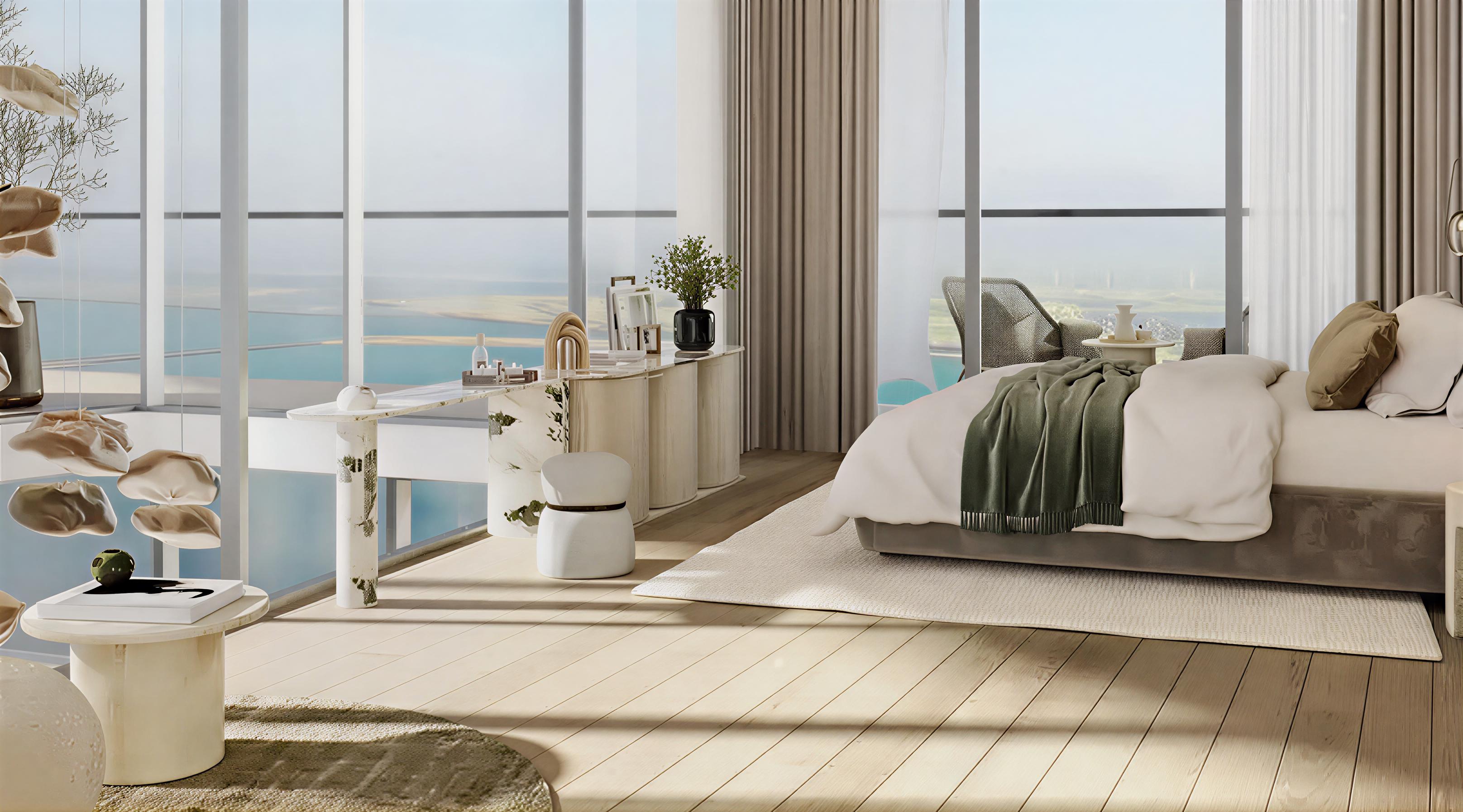 Contemporary living room with a fireplace and expansive windows, highlighting the Il Vento Tower outside.
