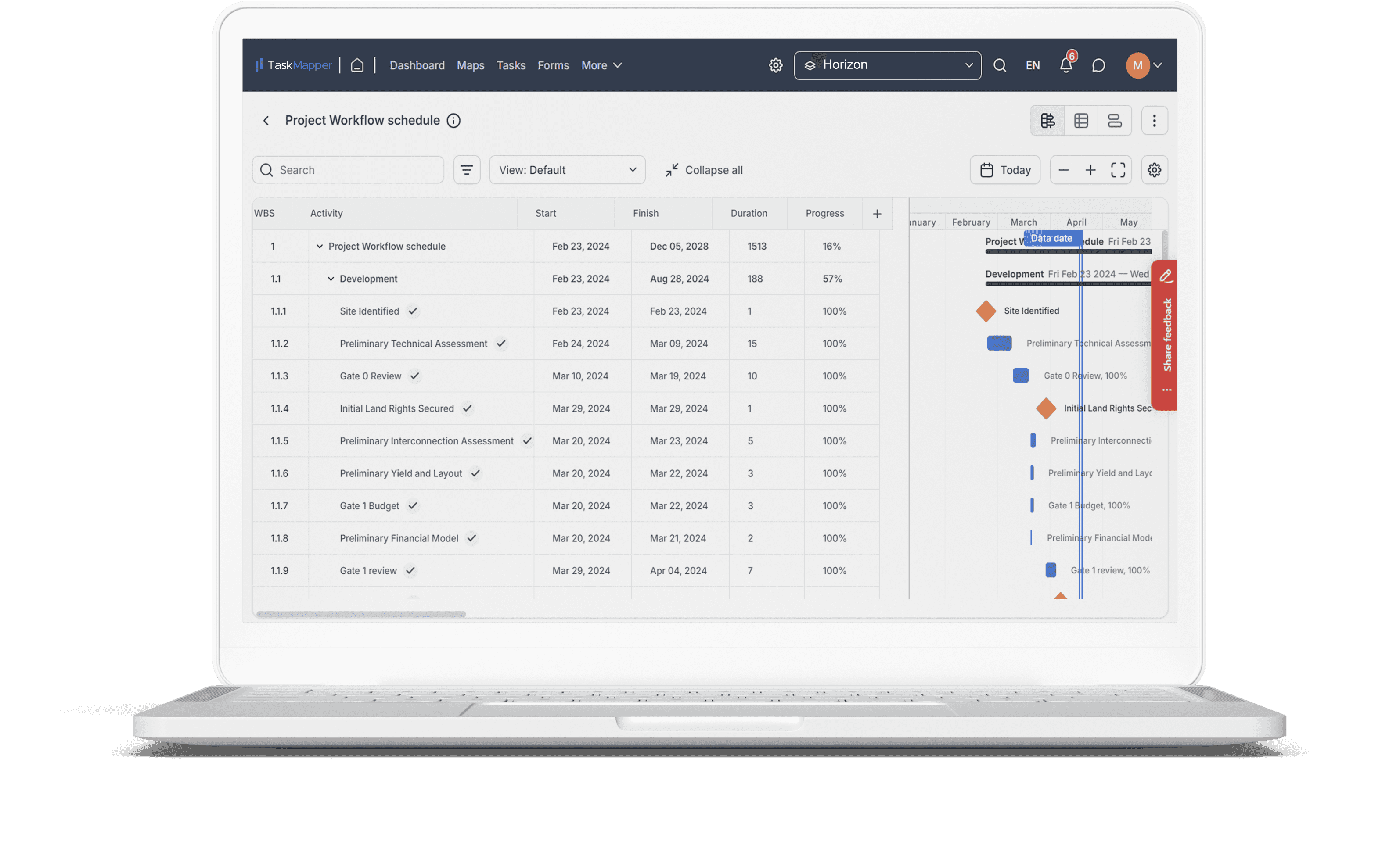 Project Management module on TaskMapper showing the development workflow schedule