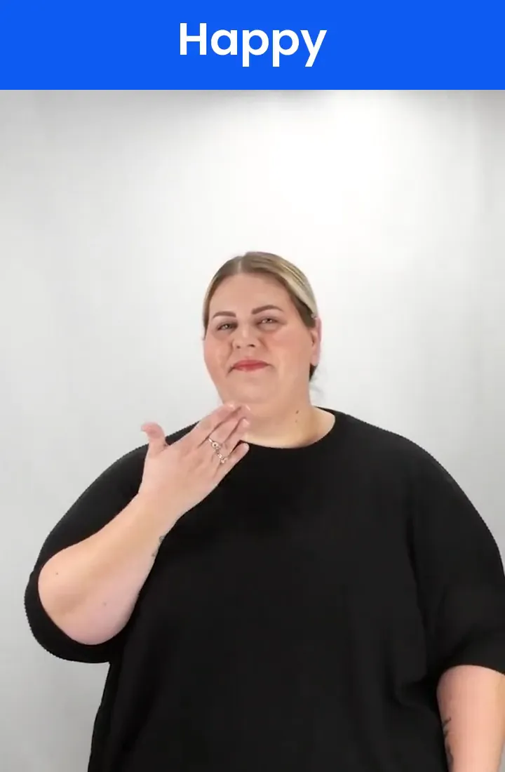 A Deaf signer signs HAPPY in ASL