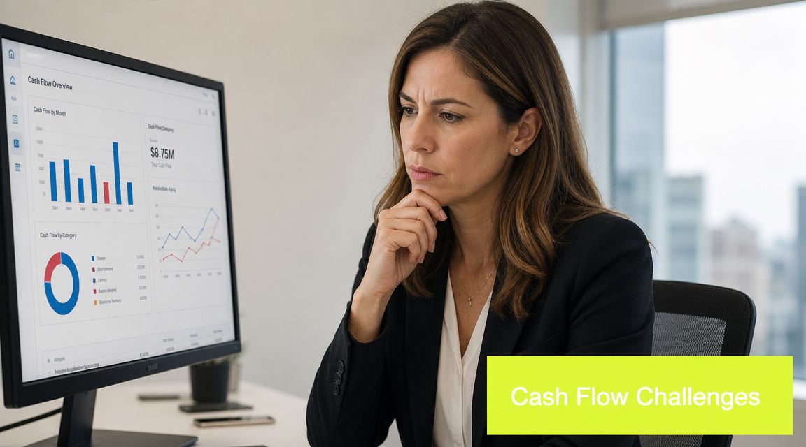 A businesswoman in a suit looking concerned while reviewing financial data charts on her computer monitor.