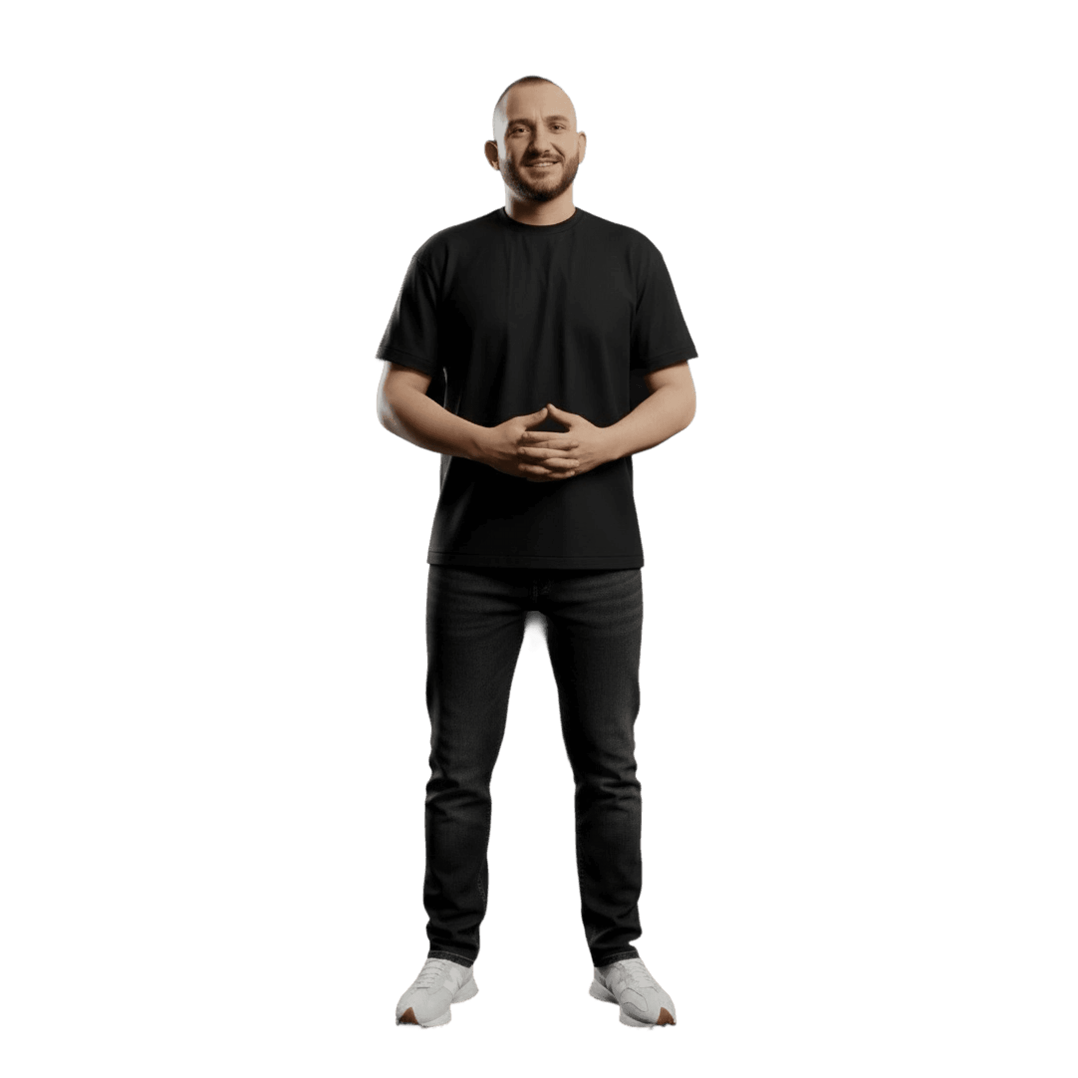 Senior UX designer standing with crossed arms in a studio workspace, reflecting experience in product design, design systems, and UX leadership.