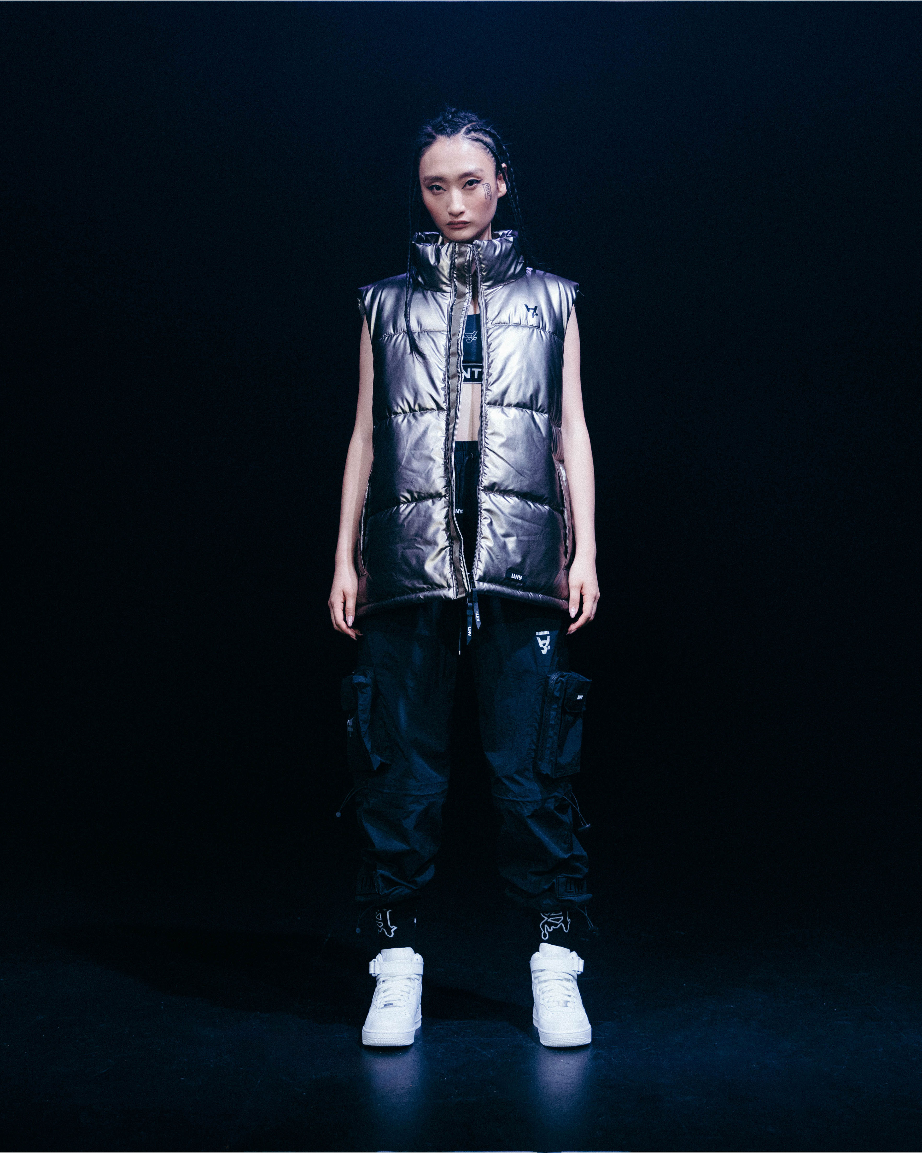 Anti Joy Quilted Anorak, Metallic Pewter, Future Sports Bra, Future Cargo Pant