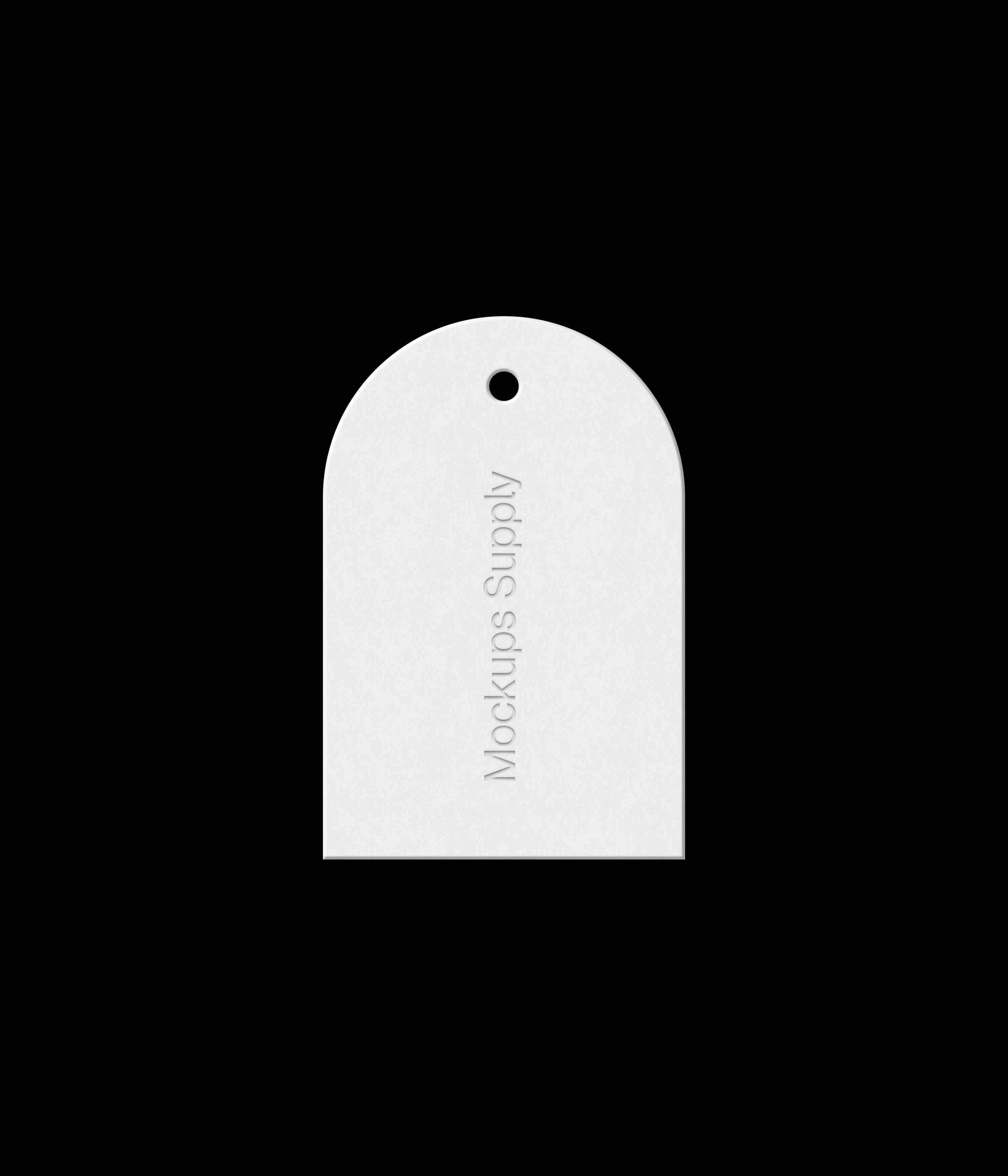 Arch white 2x3 hang tag mockup on black background with debossed text effect for Photoshop download psd