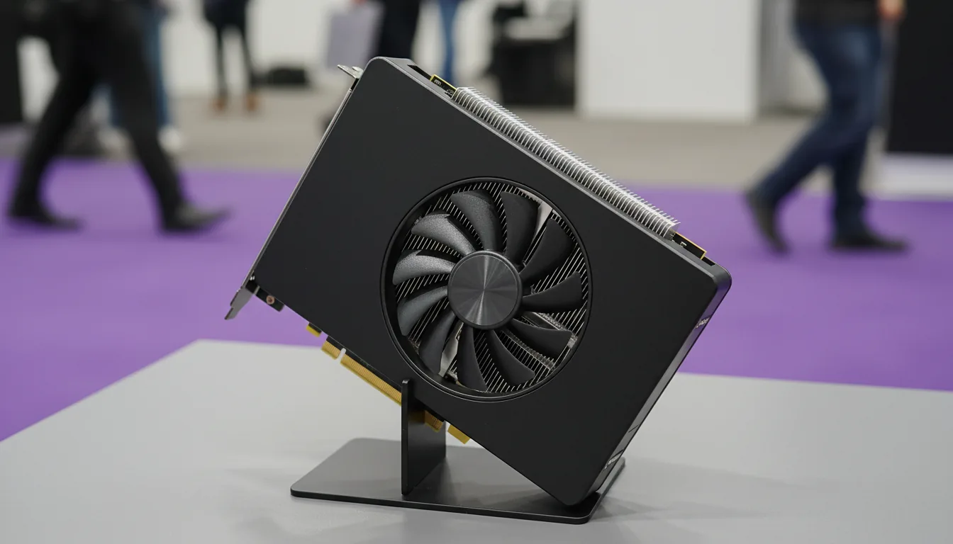 DSLR photography of a modern NVIDIA professional GPU with a sleek, matte black rectangular shroud and a circular blower-style cooling fan. The graphics card is displayed at an angle on a minimalist black stand on a neutral grey tabletop. A silver finned heatsink runs along the top edge. The lighting is bright and even, characteristic of a tech convention floor. The background is out of focus, featuring a soft bokeh effect of a purple carpet and the blurred lower legs and shoes of people walking by, creating a shallow depth of field.