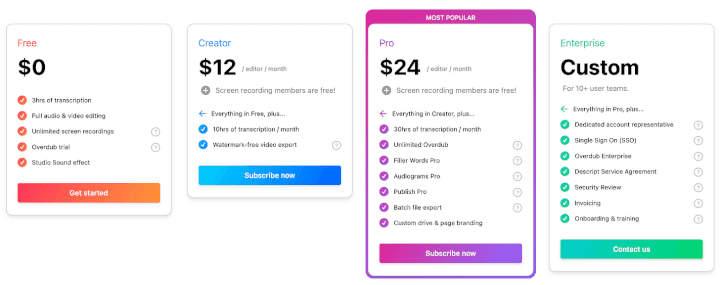 Descript’s pricing tiers 🏷