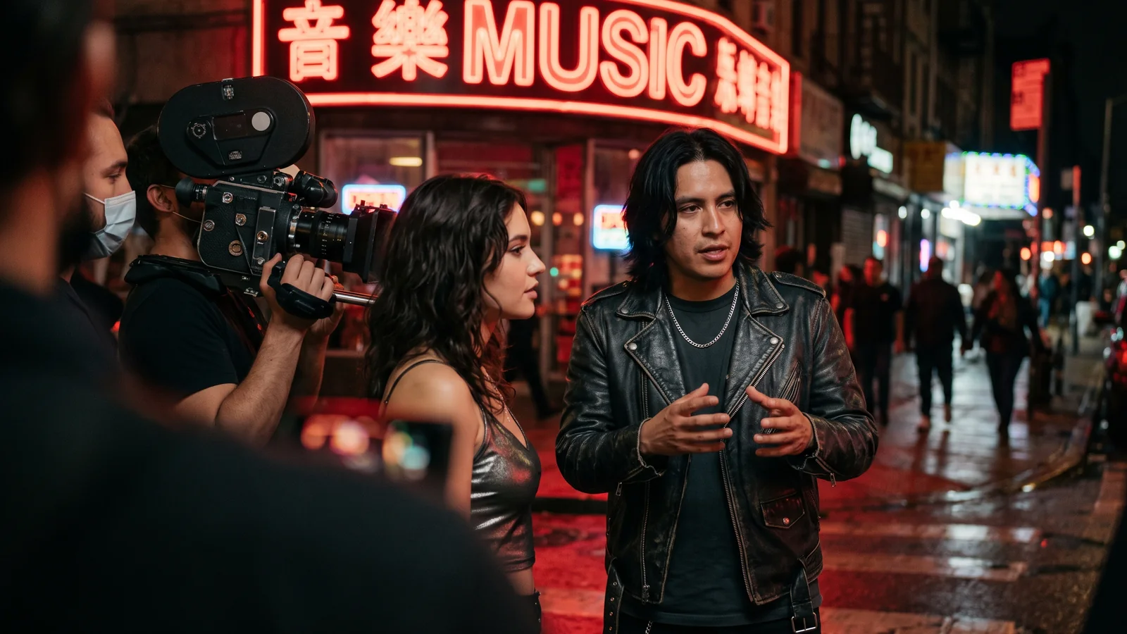 A film crew shooting a singer in a leather jacket on a neon street at night