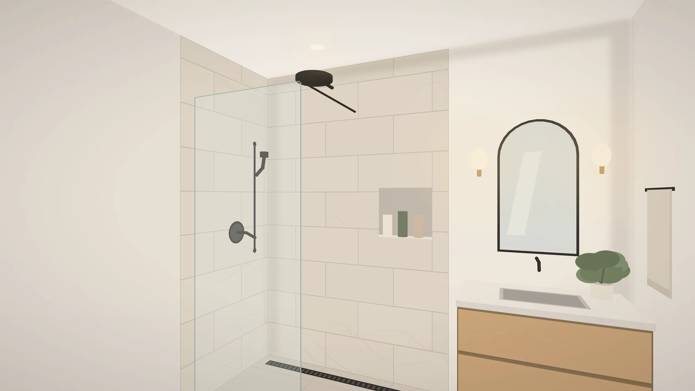 Curbless walk-in shower with a linear drain and glass panel